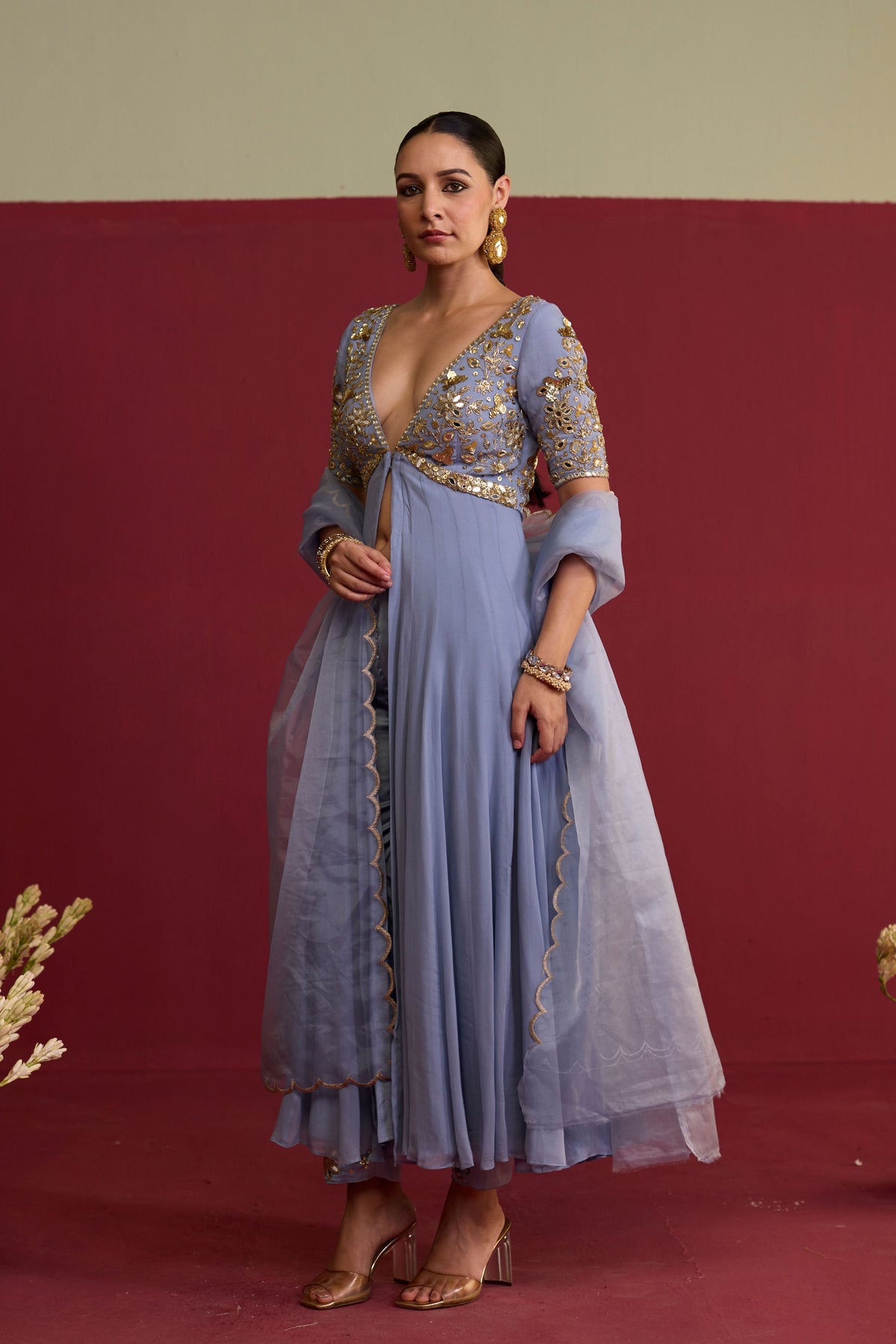 Blue Embroidered Anarkali Set