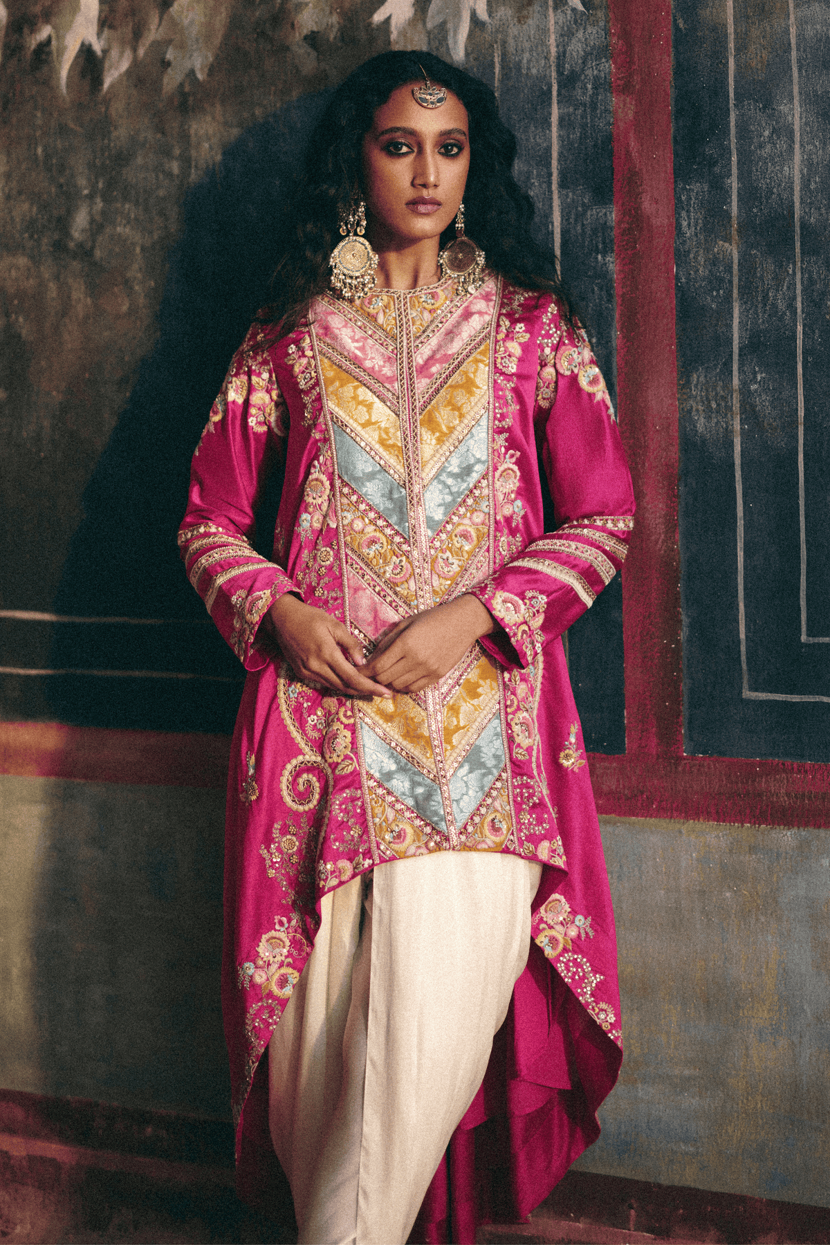 Asymmetrical Kurta Set in Fuchsia Pink and Beige
