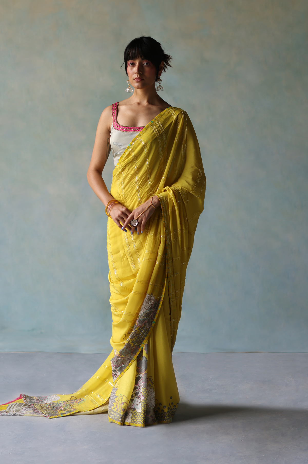 Gul Yellow Printed Stripe Crepe Sari