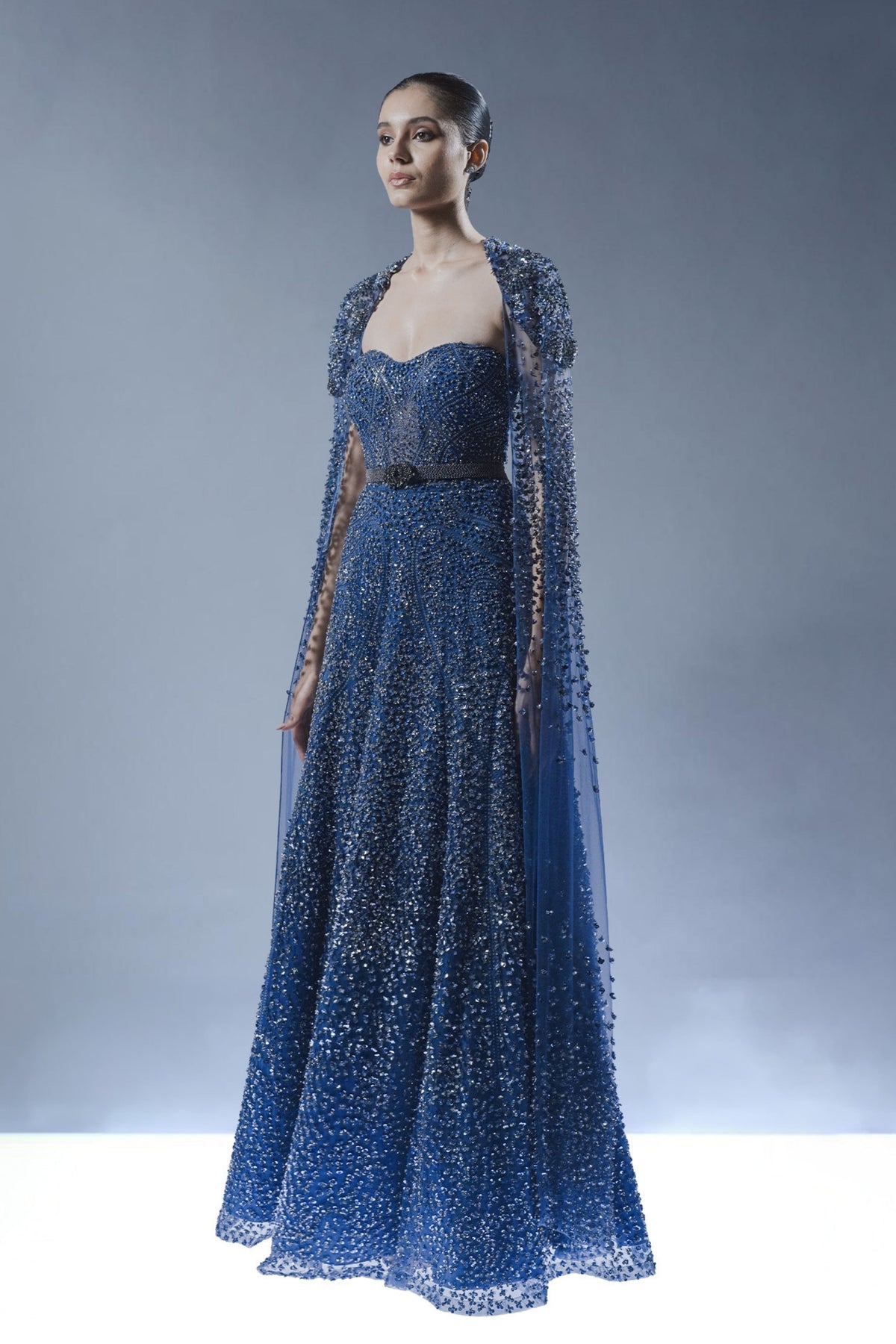 Royal Sapphire Embellished Gown with Cape