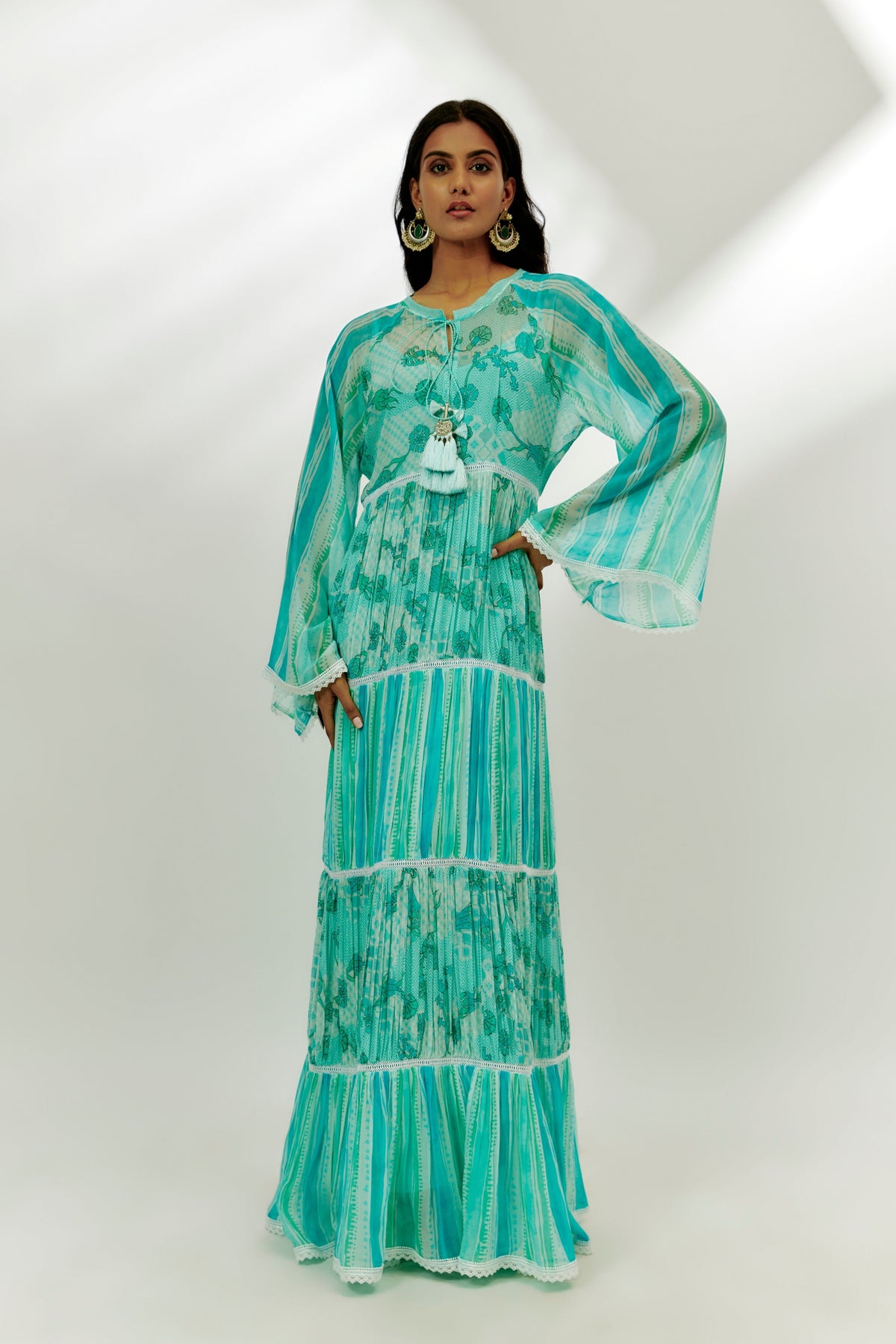 Cyan Blue Printed Tiered Dress