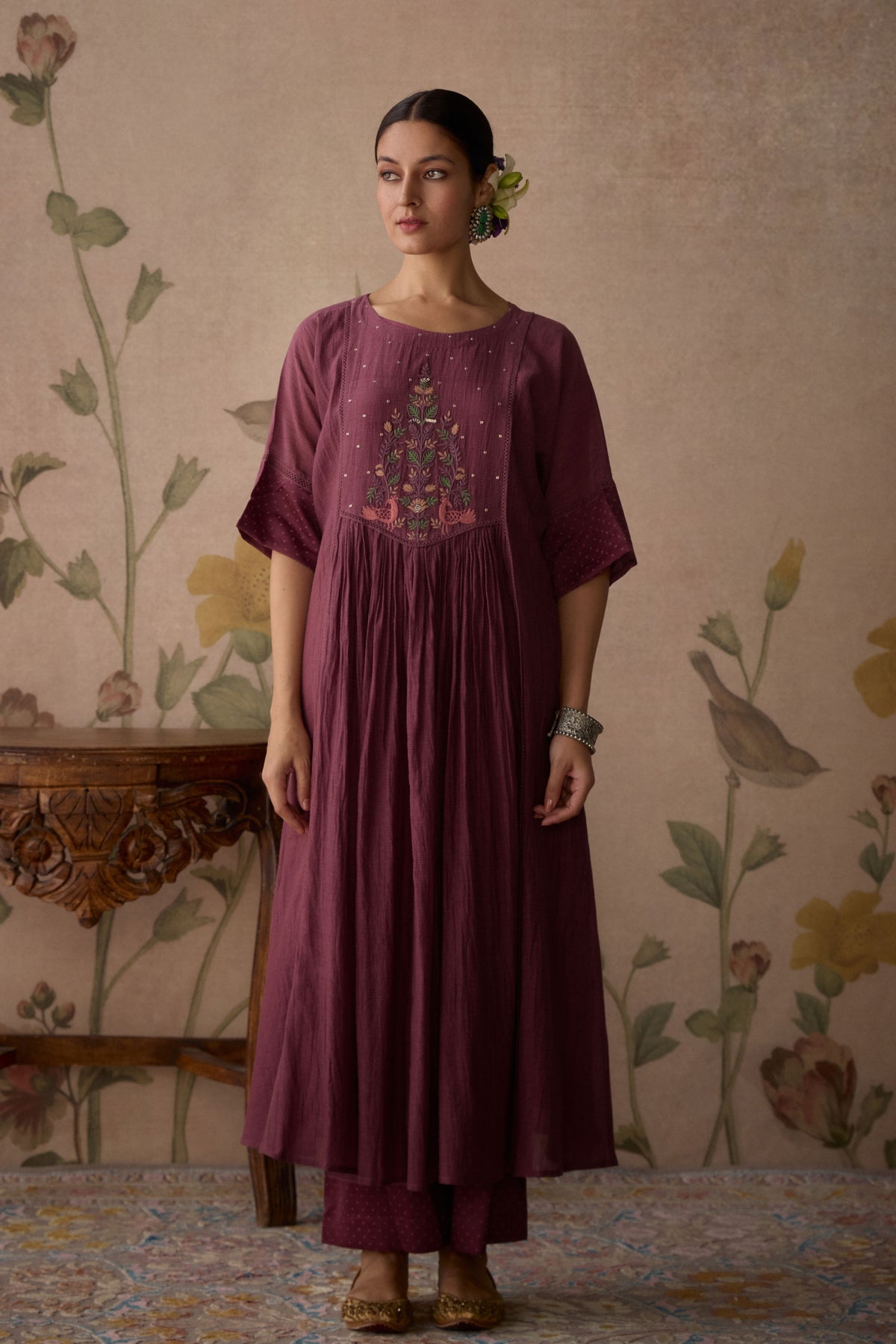Wine Handwoven Kurta with pants
