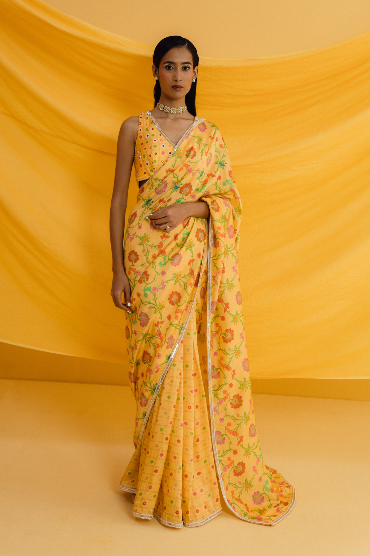 Embroidered Blouse With a Mix Print Saree