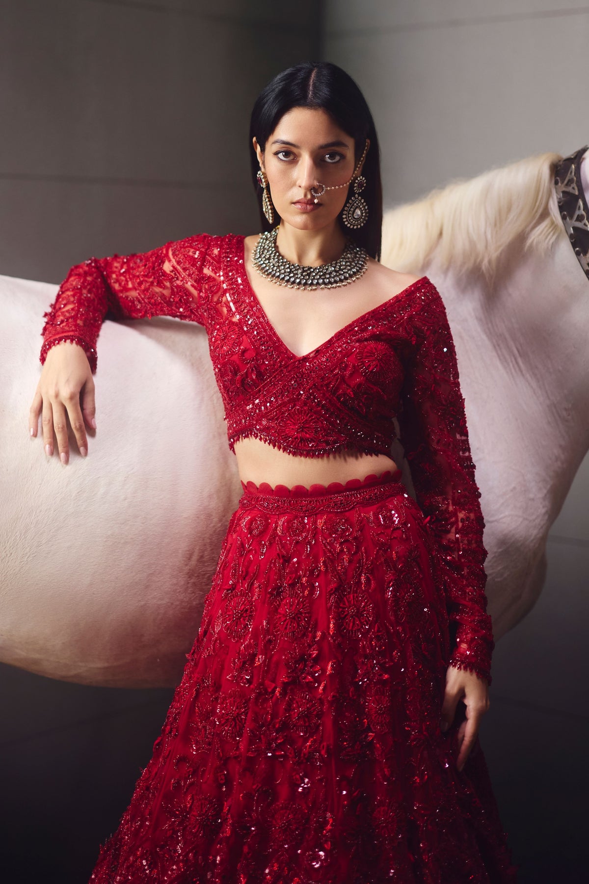 Red Embellished Lehenga Set
