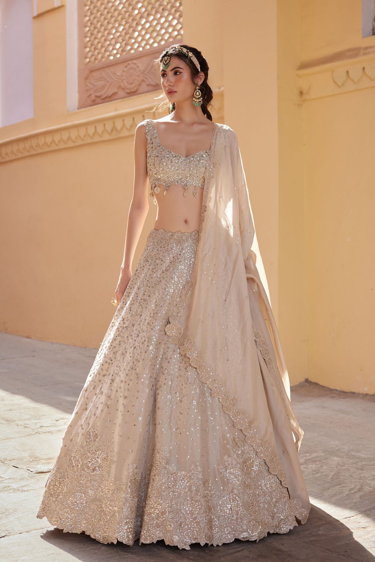 Beige Champagne Embroidered Lehenga