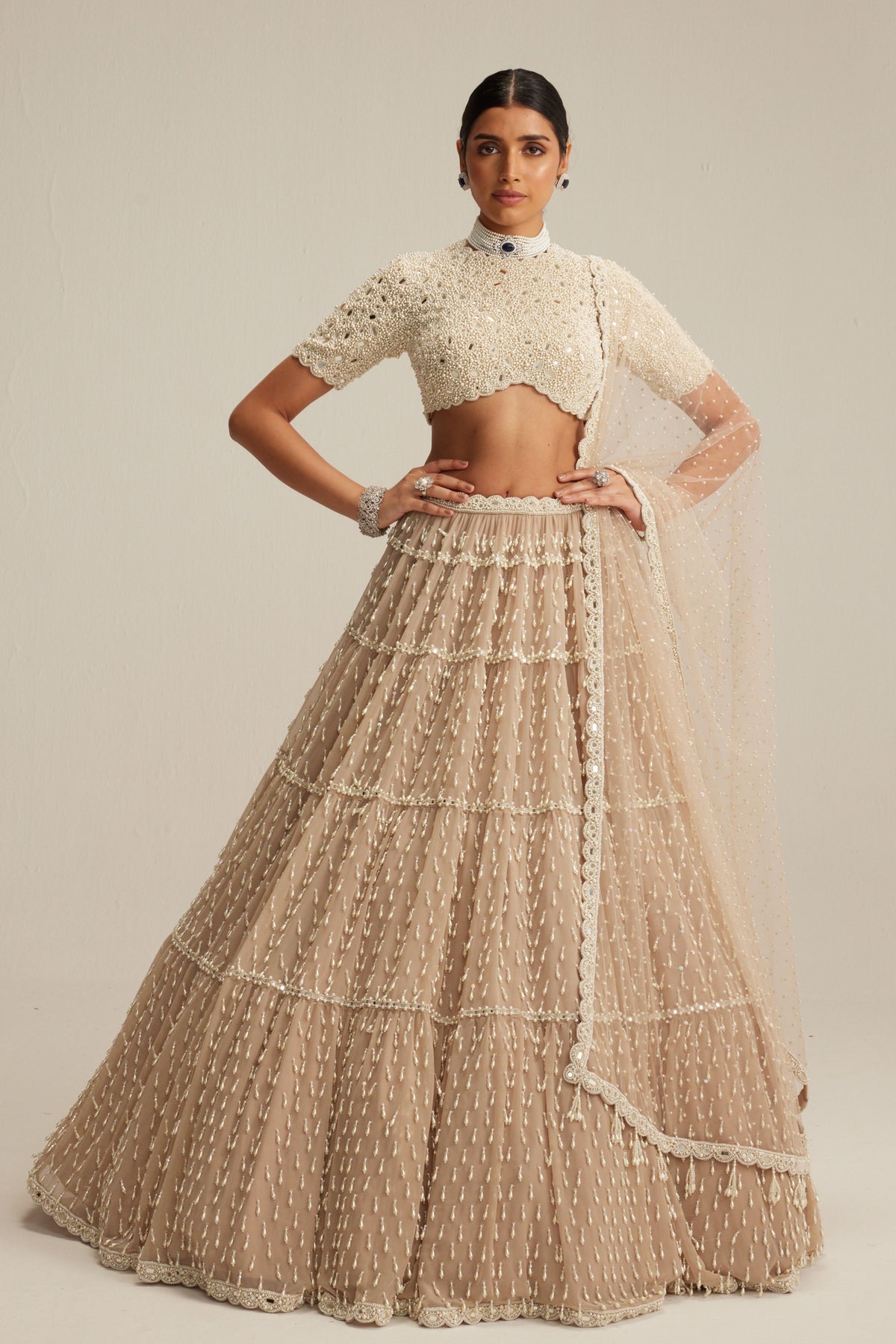 Light Beige Pearl Drop Multi Tier Lehenga Set