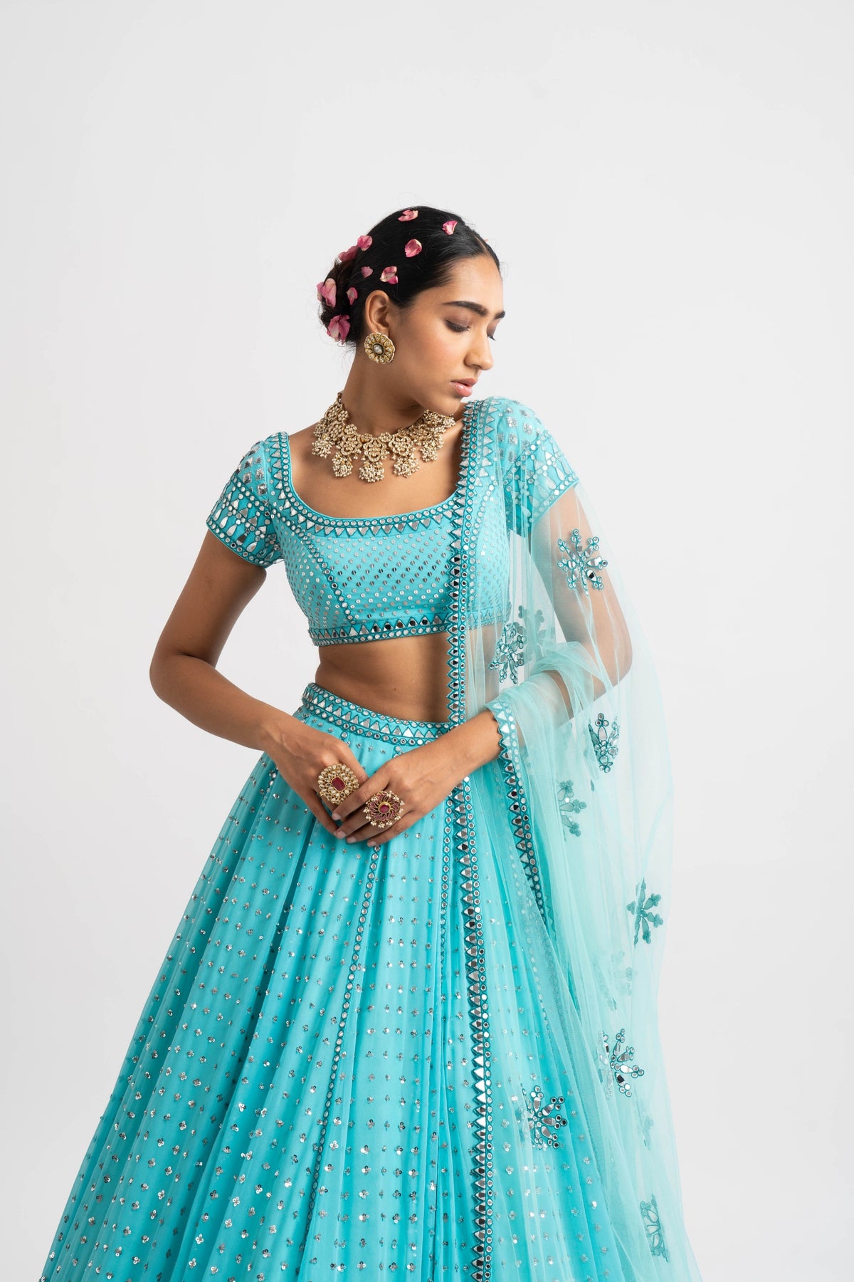 Mint blue single tier lehenga