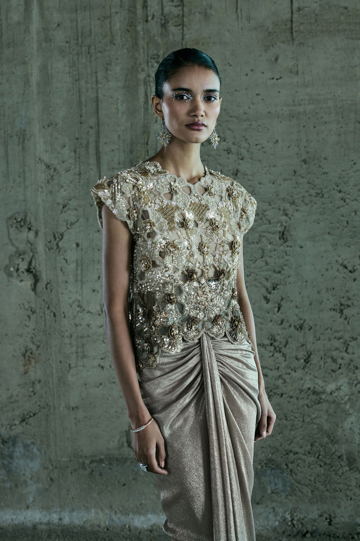Beige Cutwork Top and Skirt