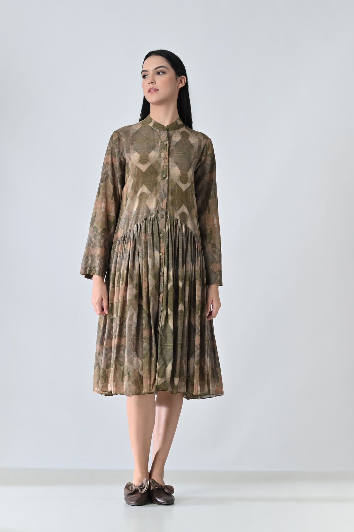 Beige Printed Pleated Dress