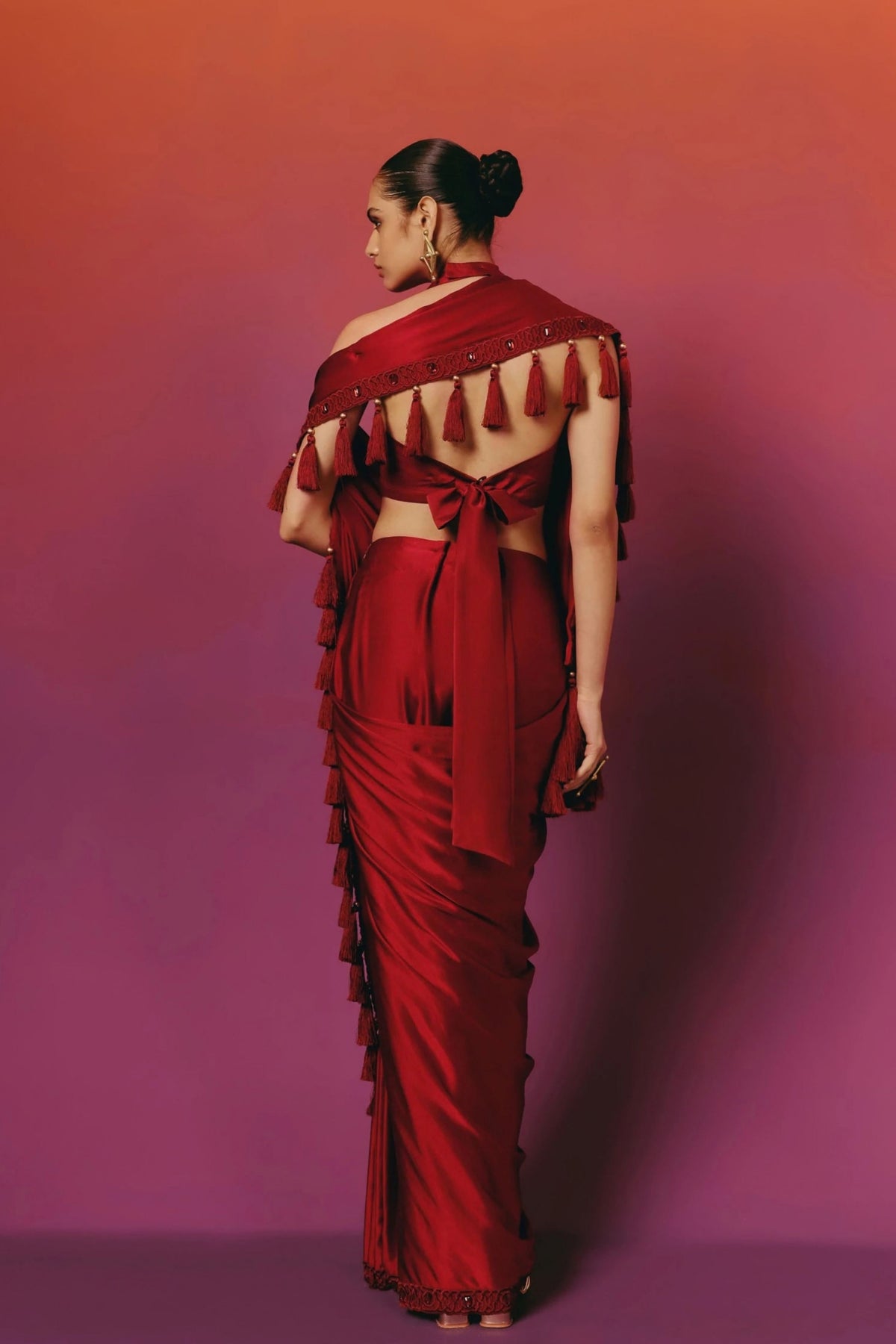Crystal Red Draped Saree Set