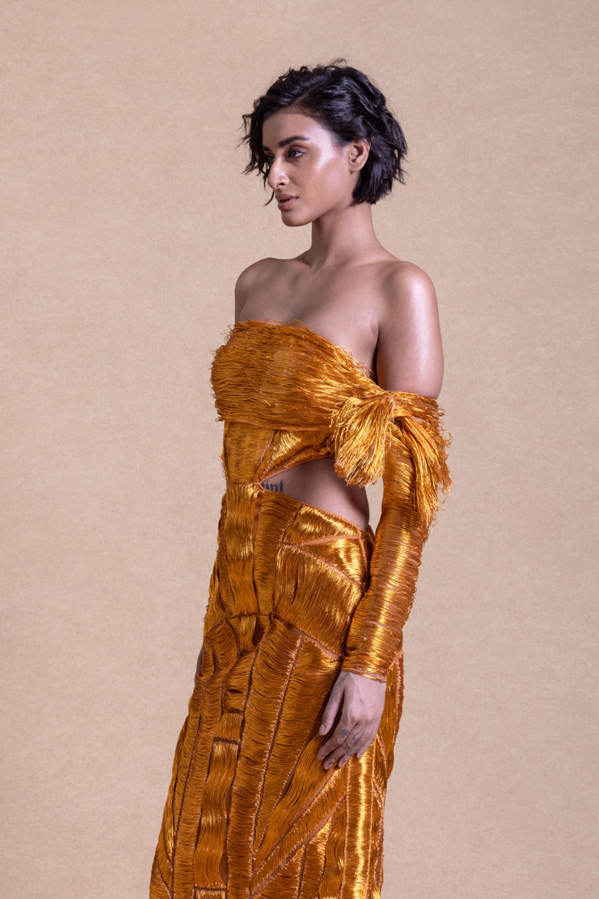 metallic yarn dress Gold & SIlver Metallic Yarn Hand Embroidered Dress Design by Akhl at Pernia's Pop Up Shop 2026
