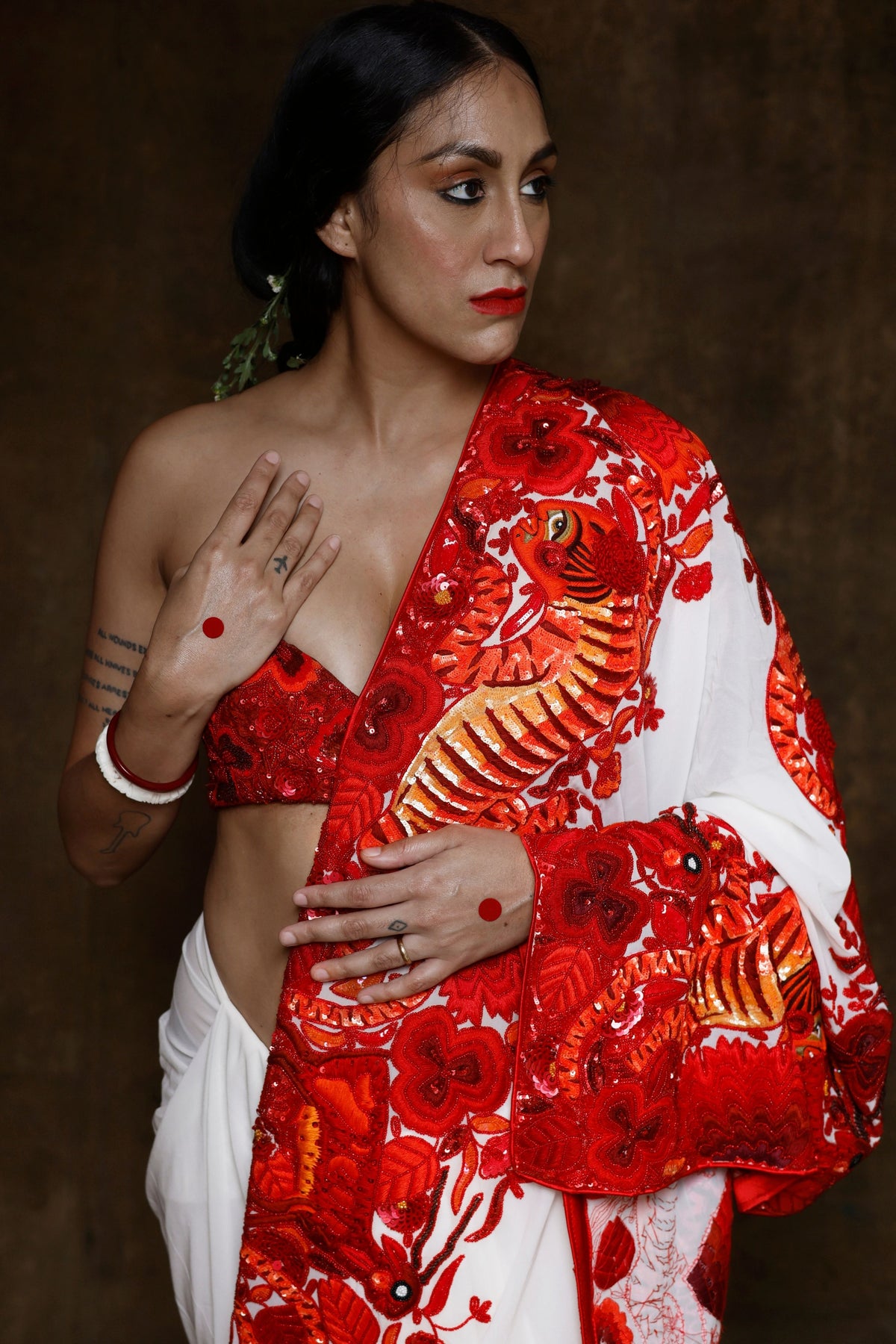 Red Tiger Border White Saree