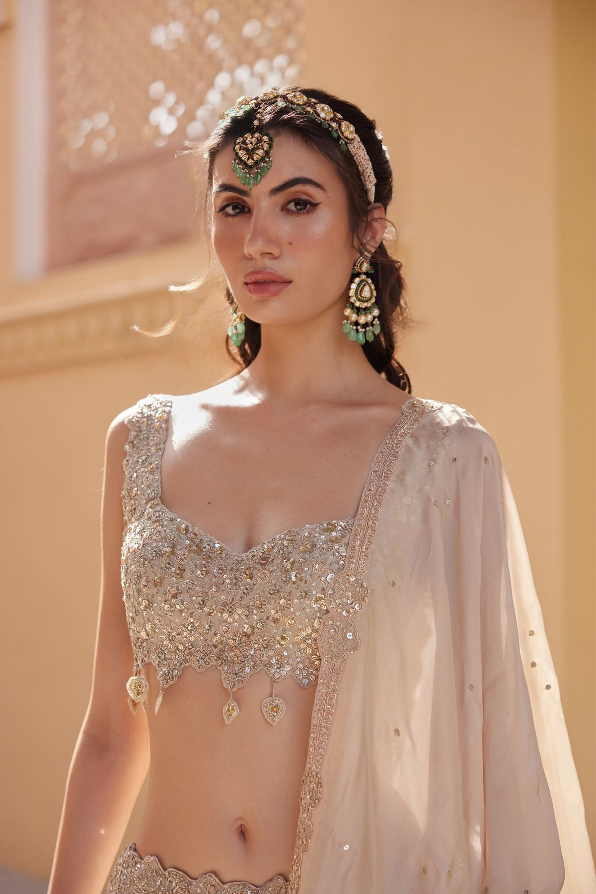 Beige Champagne Embroidered Lehenga