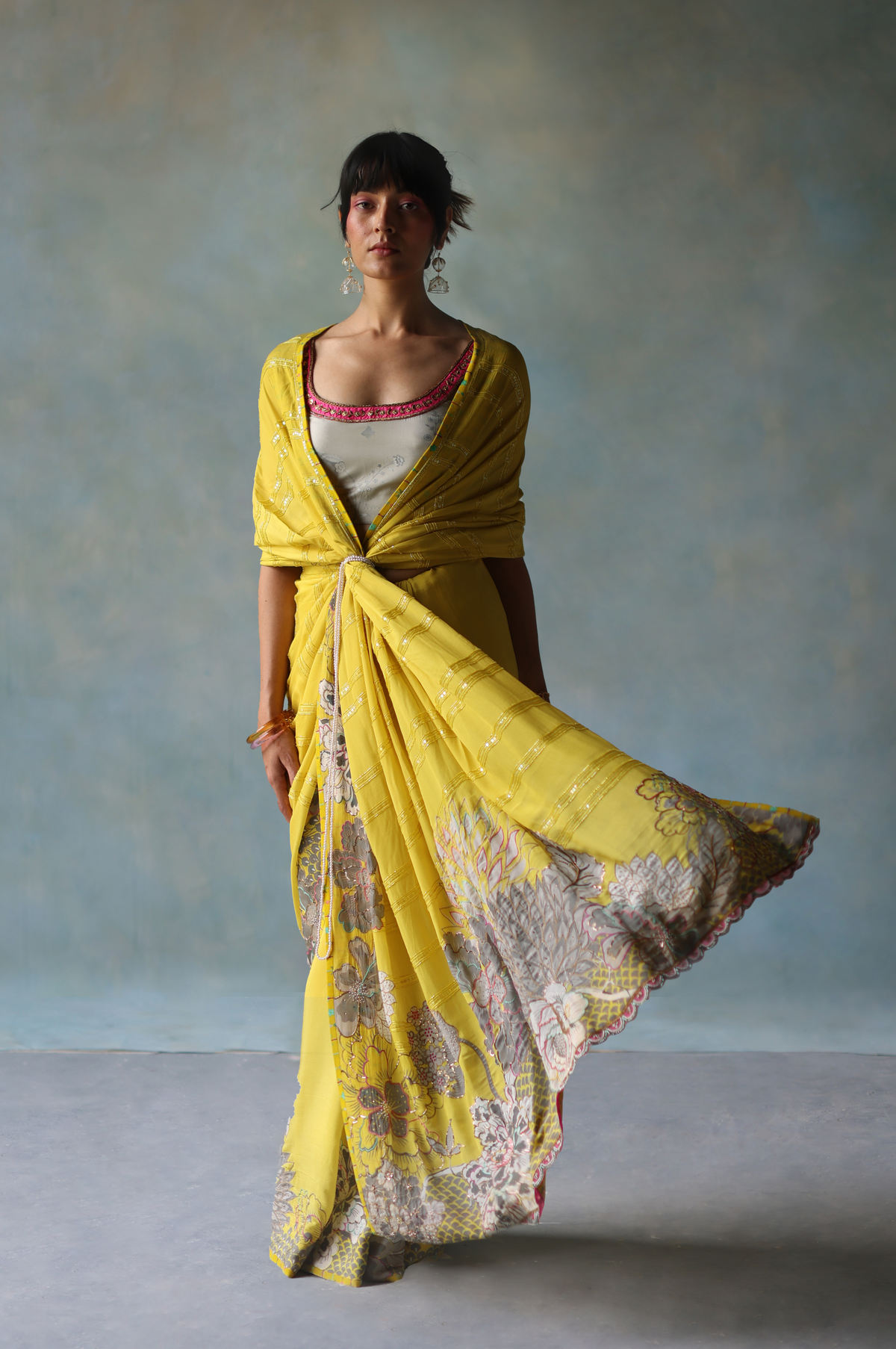 Gul Yellow Printed Stripe Crepe Sari