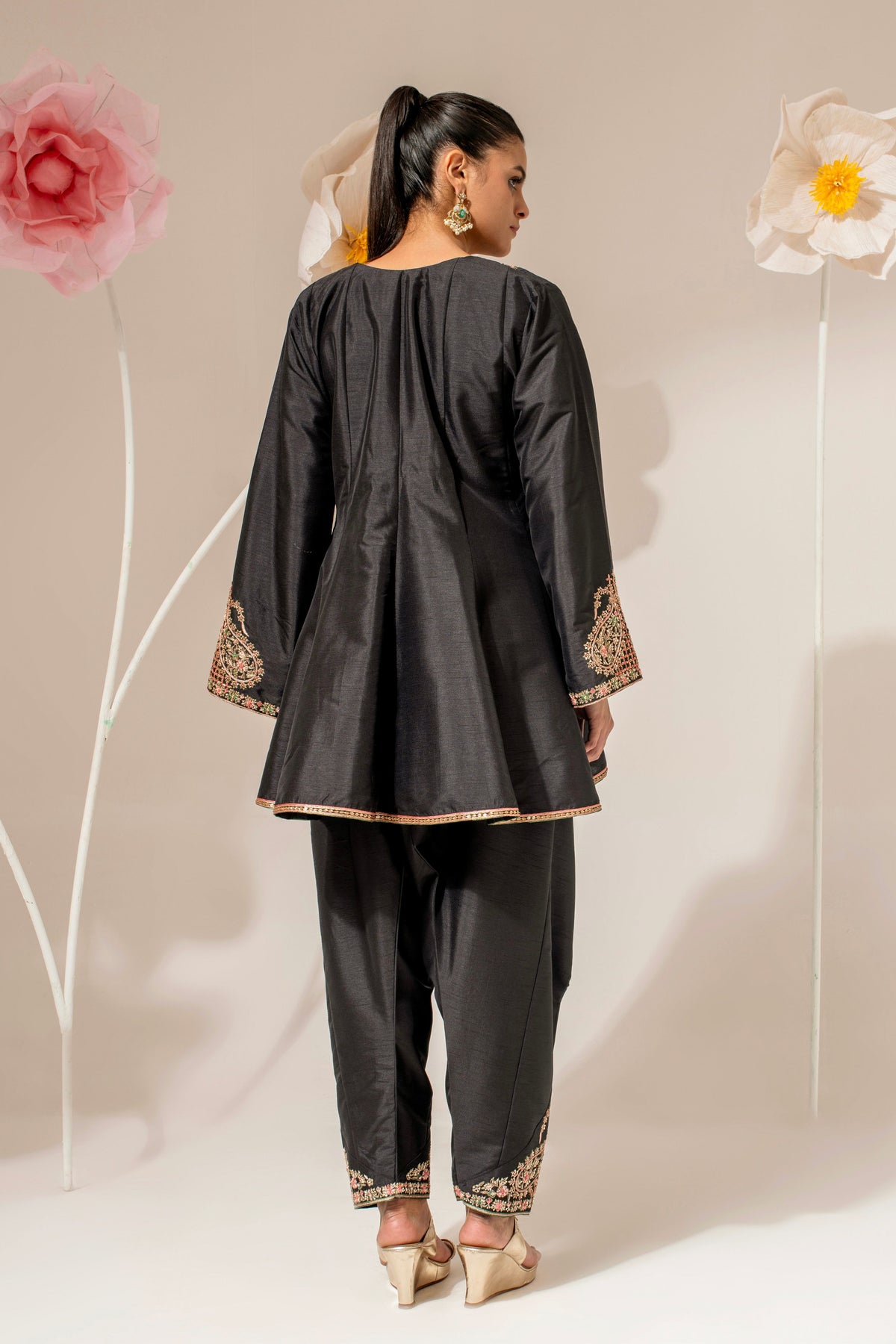 Black Silk Embroidered Kalidar Kurta Set