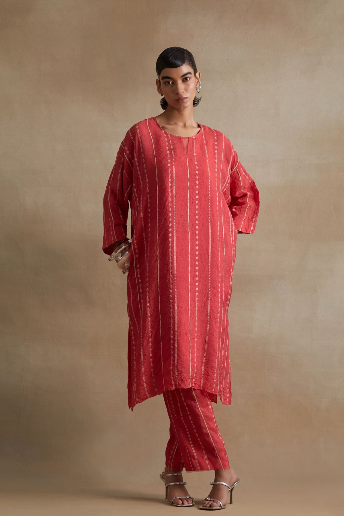 Tomato Beaded Embroidered Kurta Set