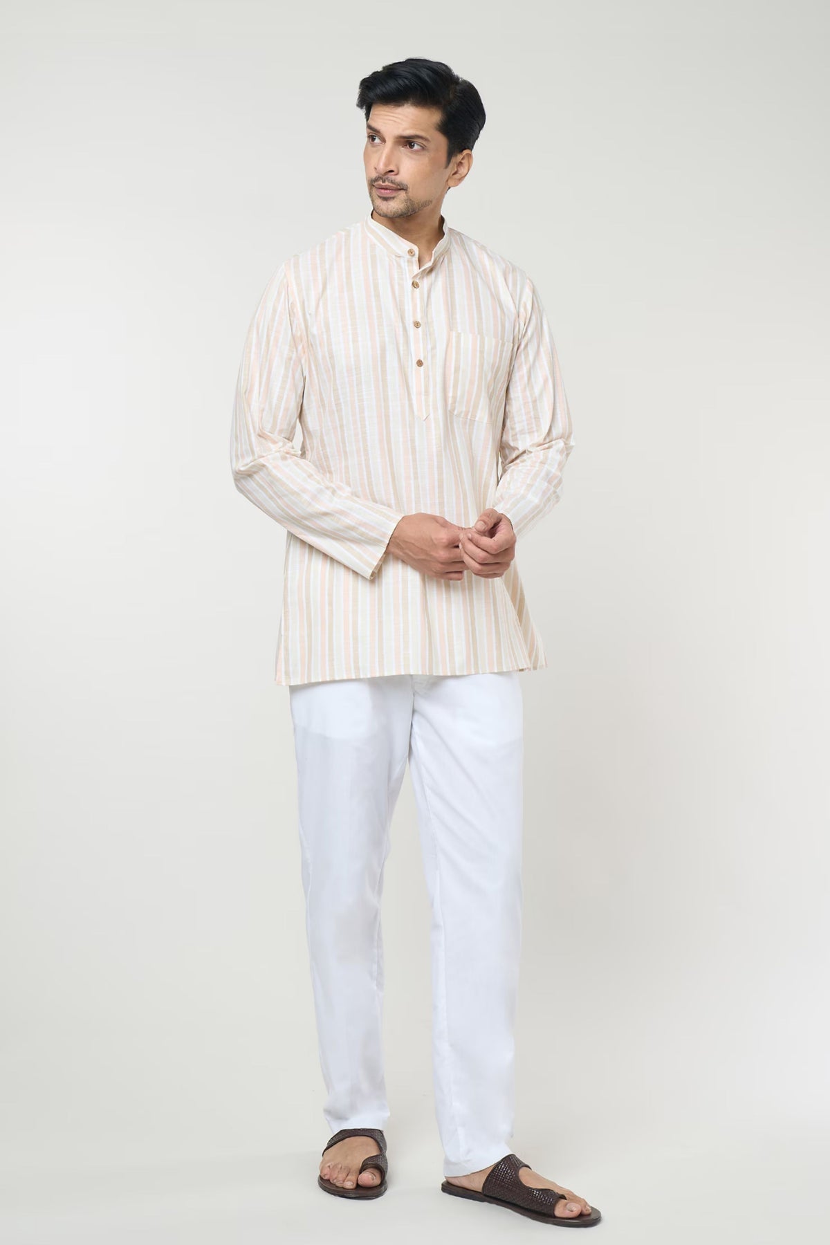 Beige Striped Printed Shirt Set