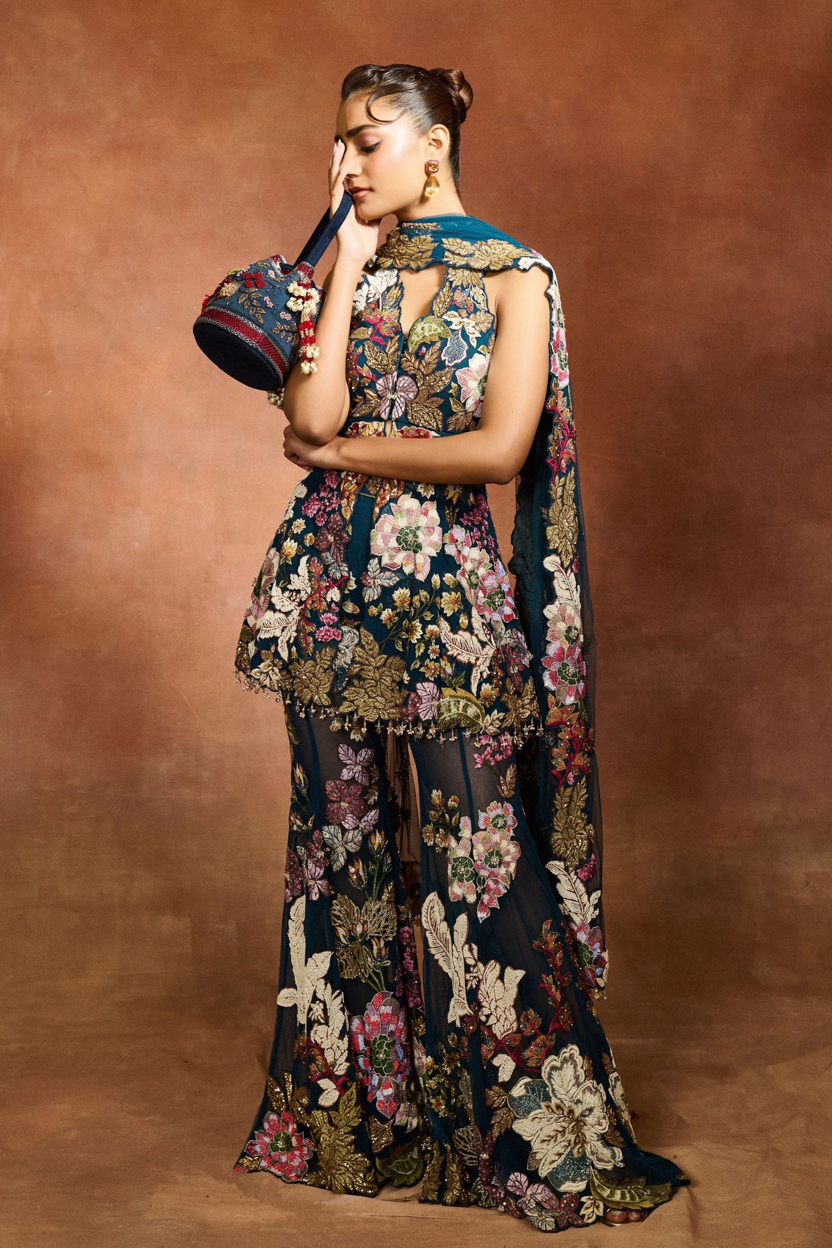 Navy Blue Patchwork Peplum Sharara Set