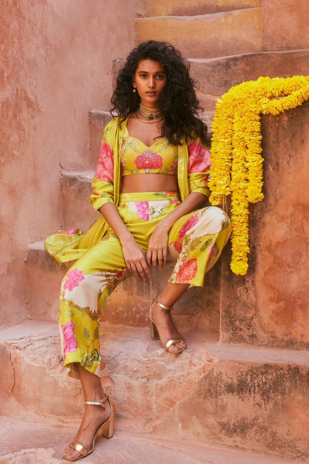 Printed Lime Yellow Jacket Set