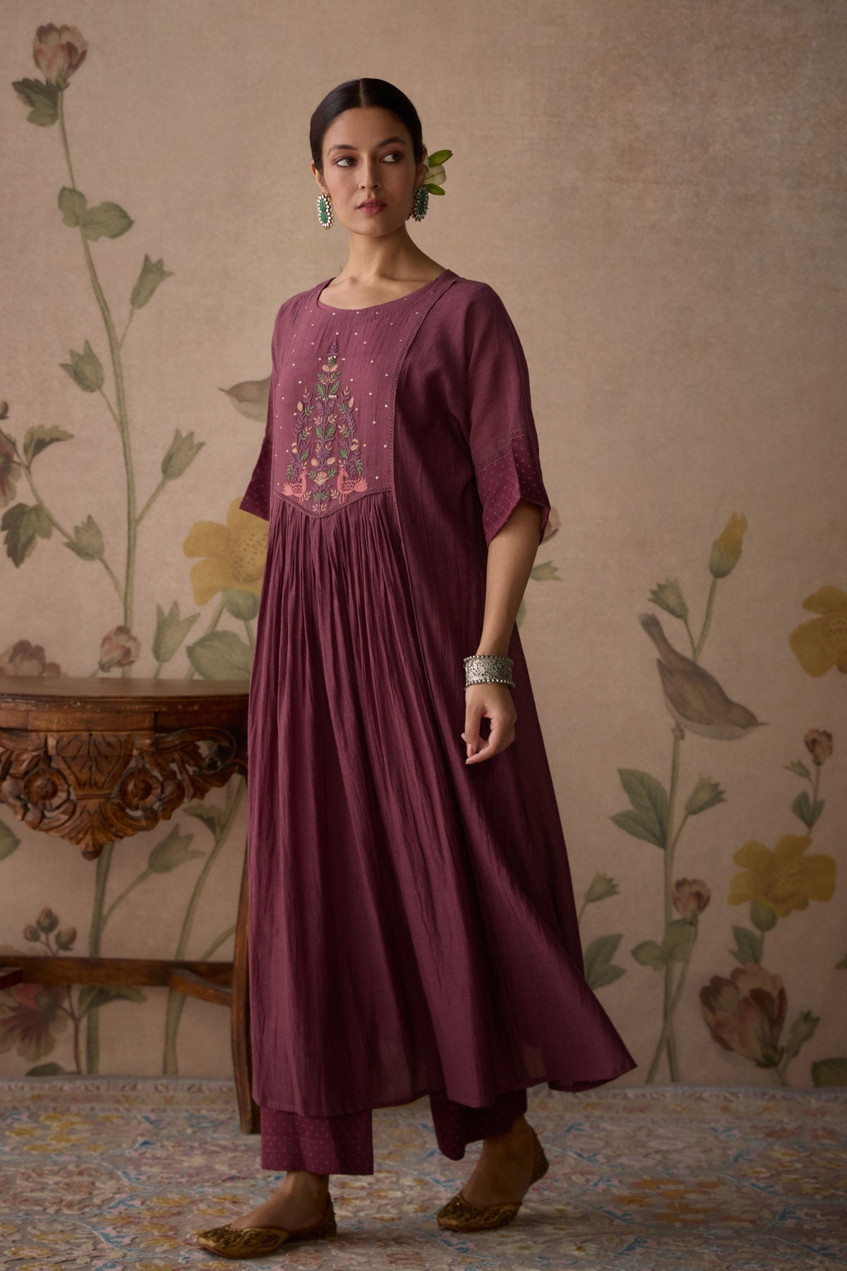 Wine Handwoven Kurta with pants