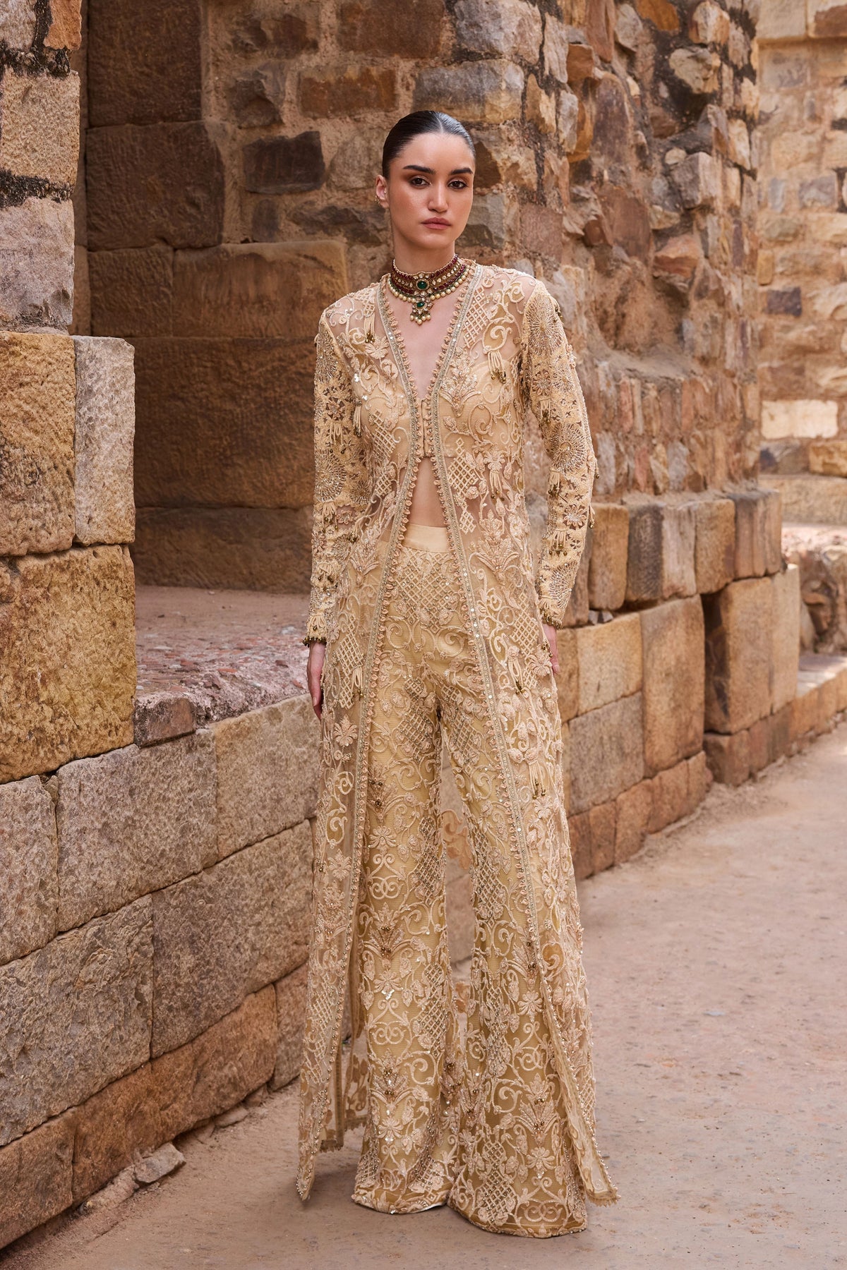 Champagne Embellished Long Jacket Set
