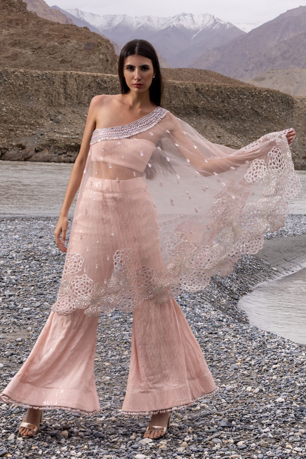 Pink One Shoulder Cape Set