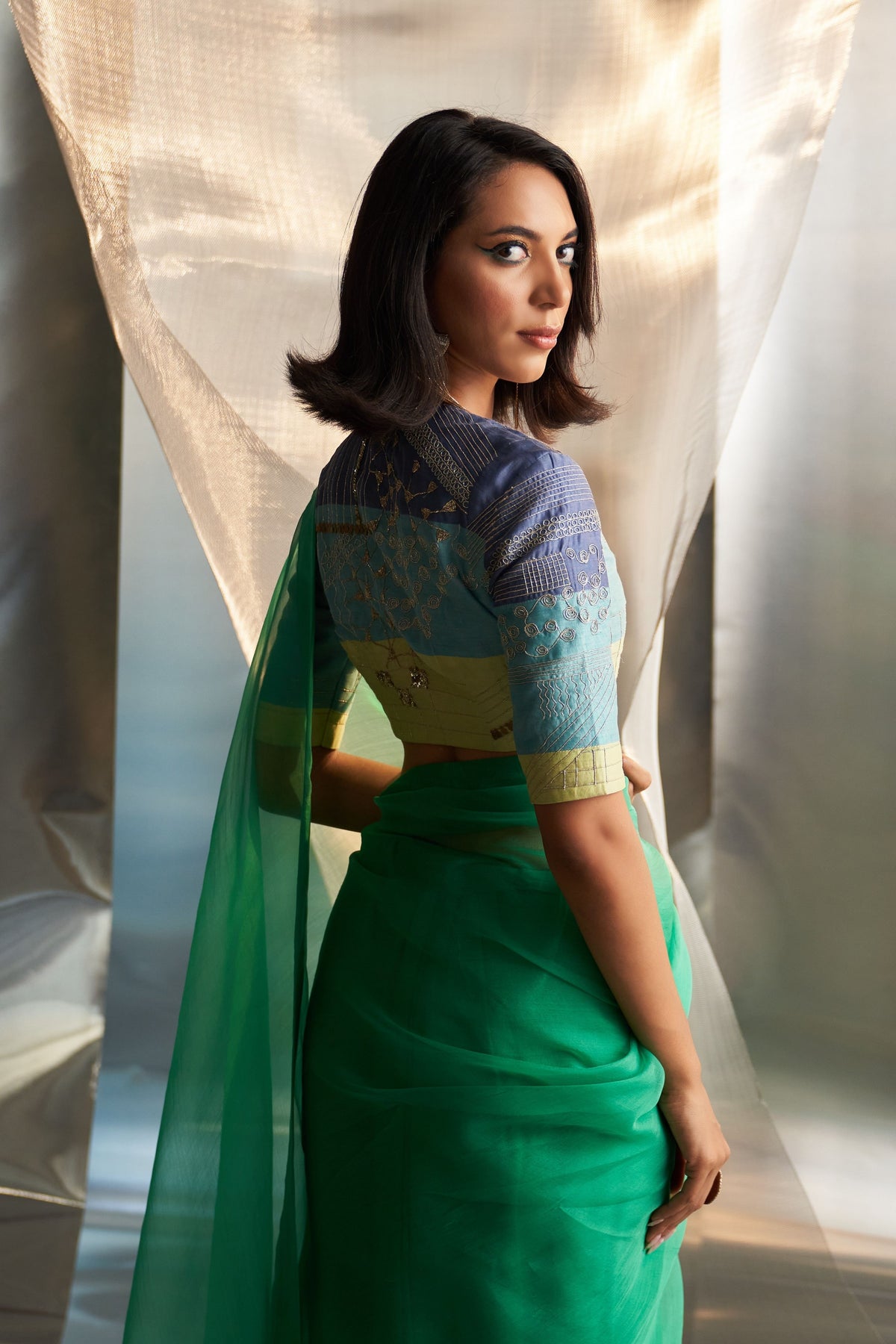 Green Saree Sleeves Blouse Set