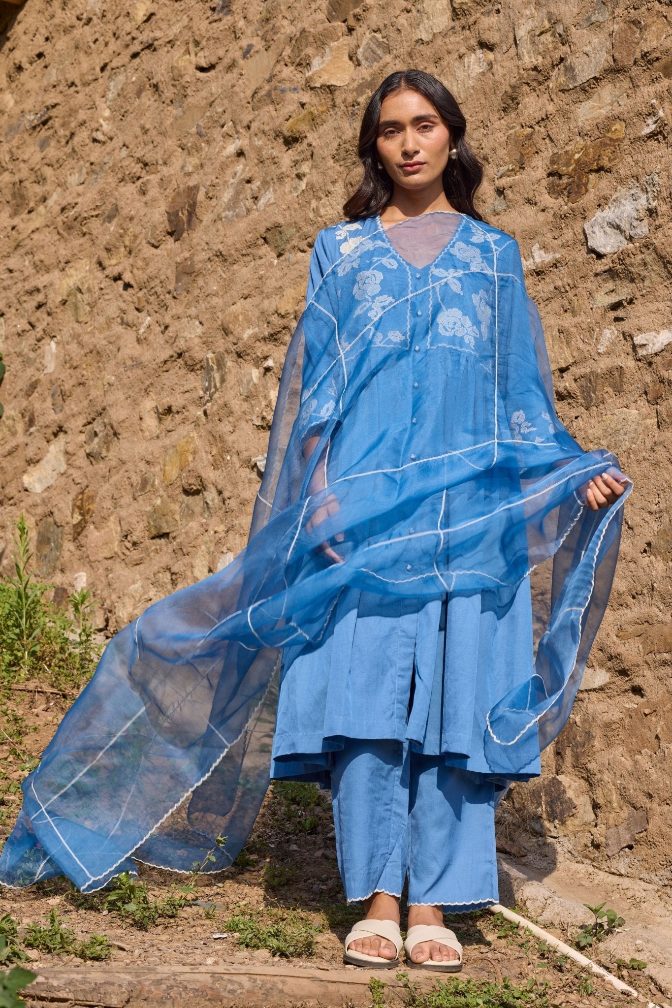 Blue Organza Dupatta - Ayaka - Elahe