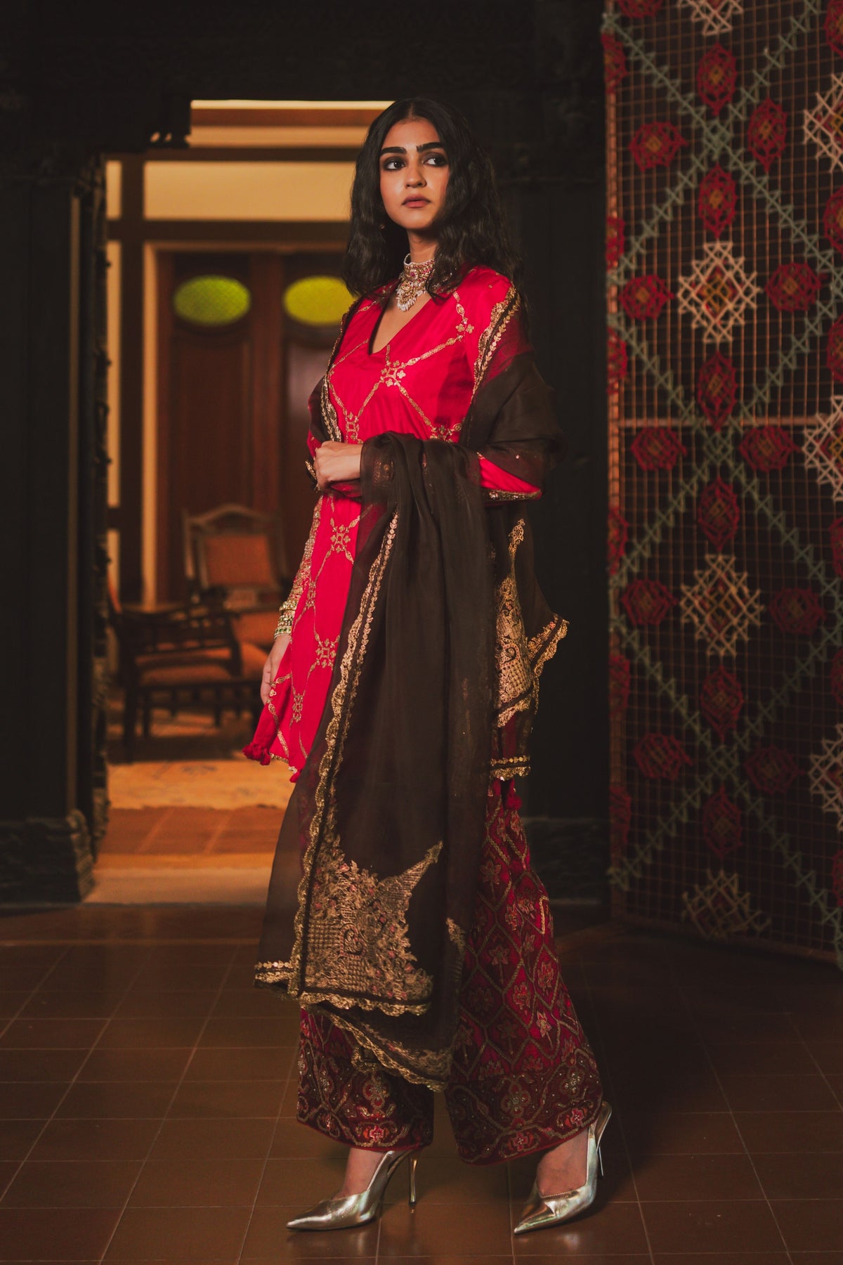 Brown With Pink Gul Dupatta