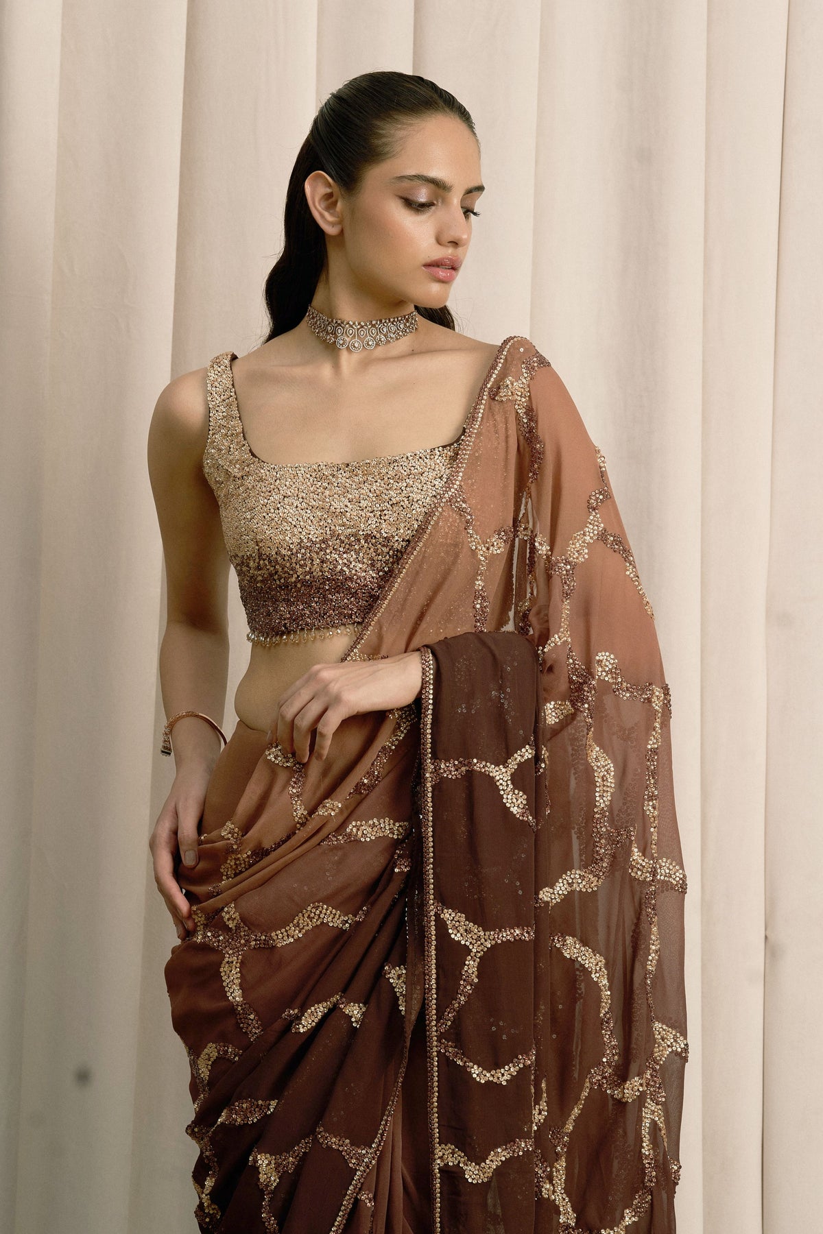 Brown Abstract Sequin Saree Set