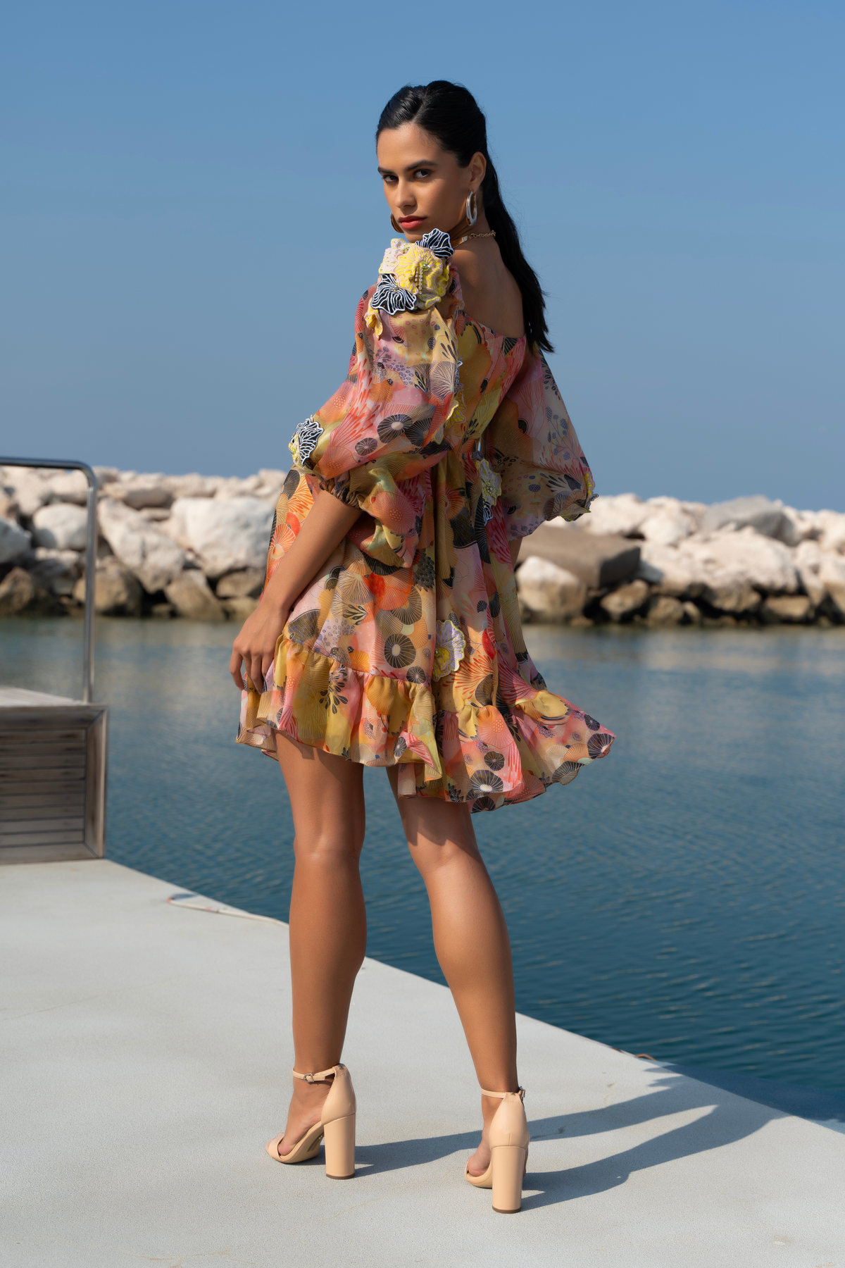 Ameoba Printed Dress With 3d Motif