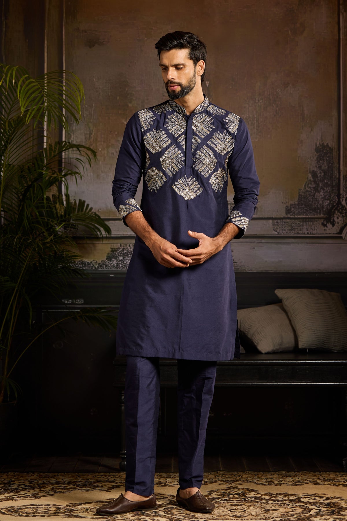 Dark Blue Embroidered Kurta Set