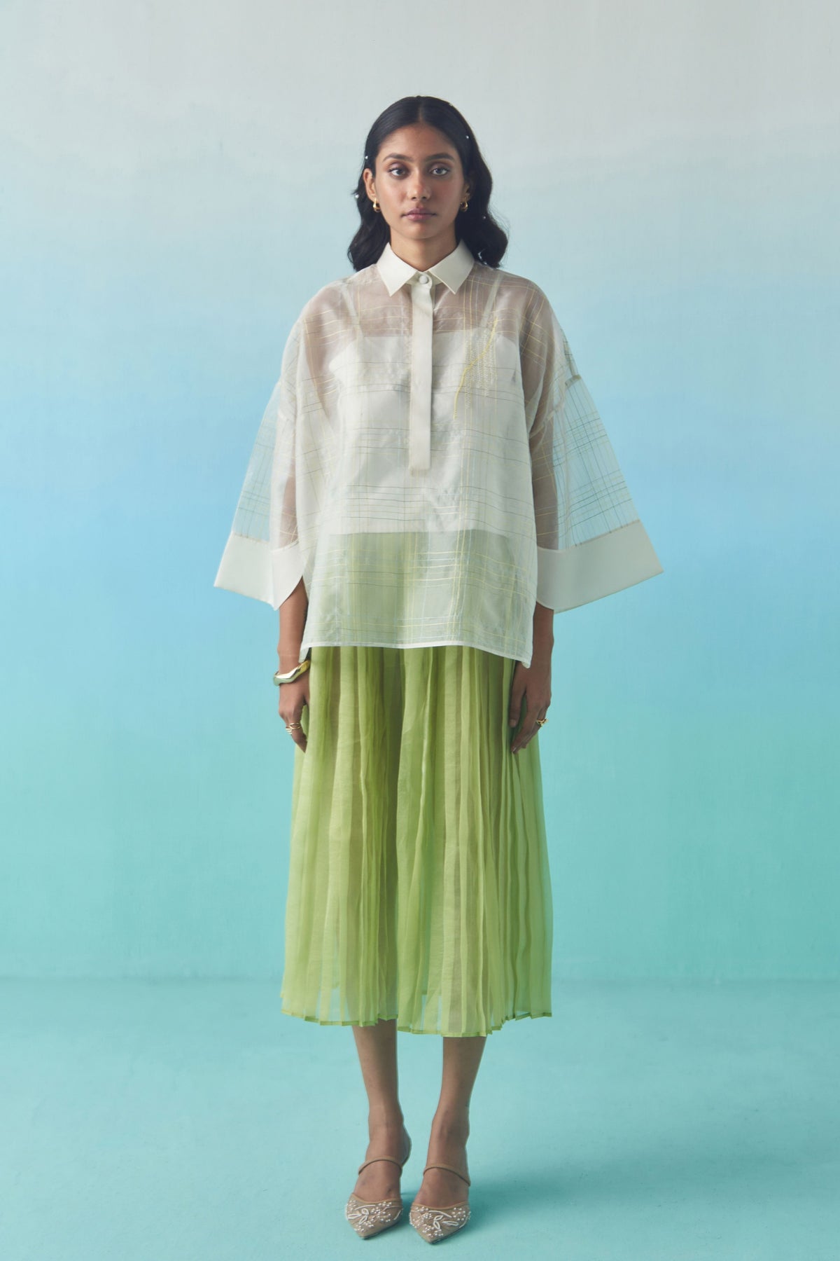 Green Organza Accordion Skirt