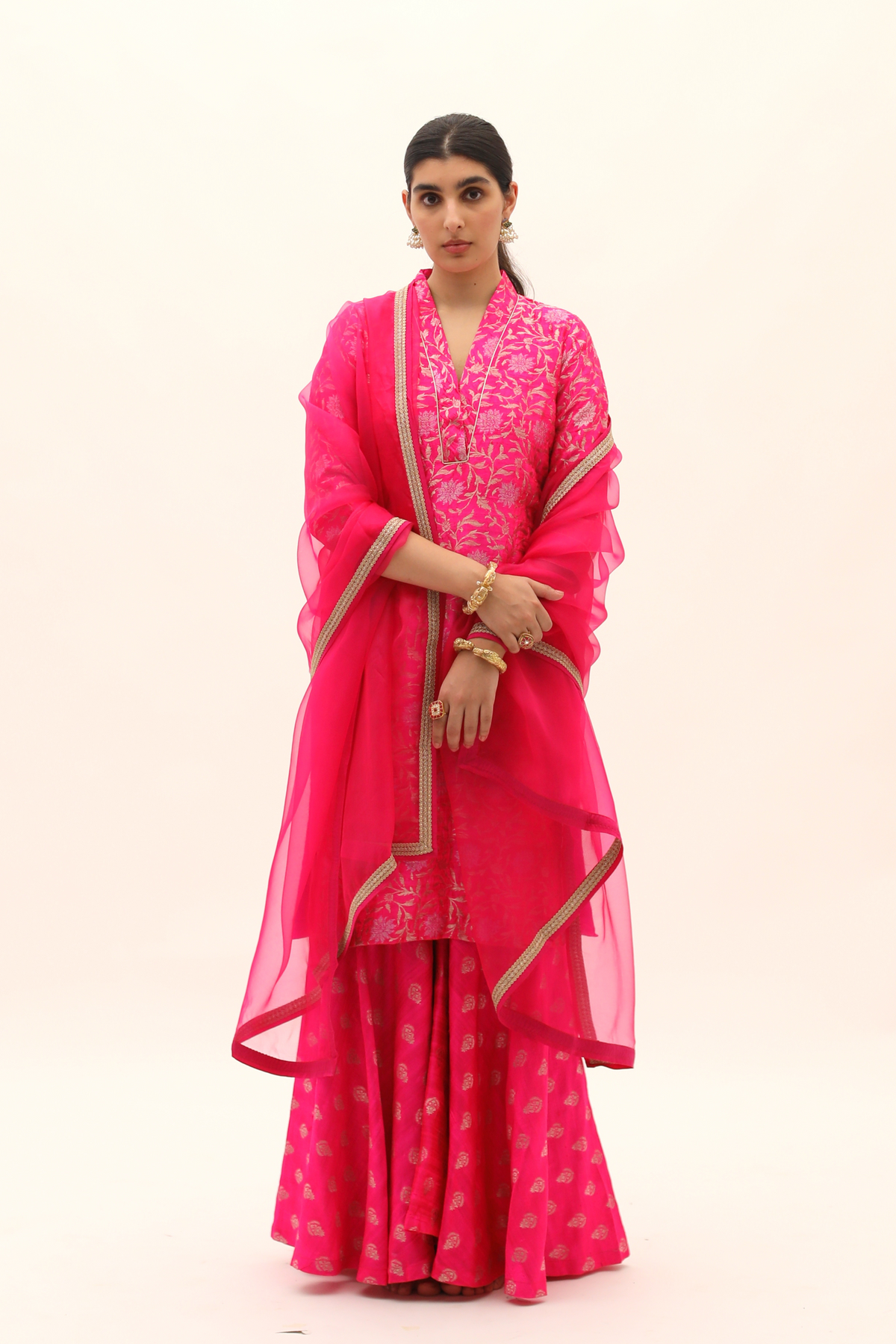 Pink Benarasi silk Kurta Butti Sharara Set