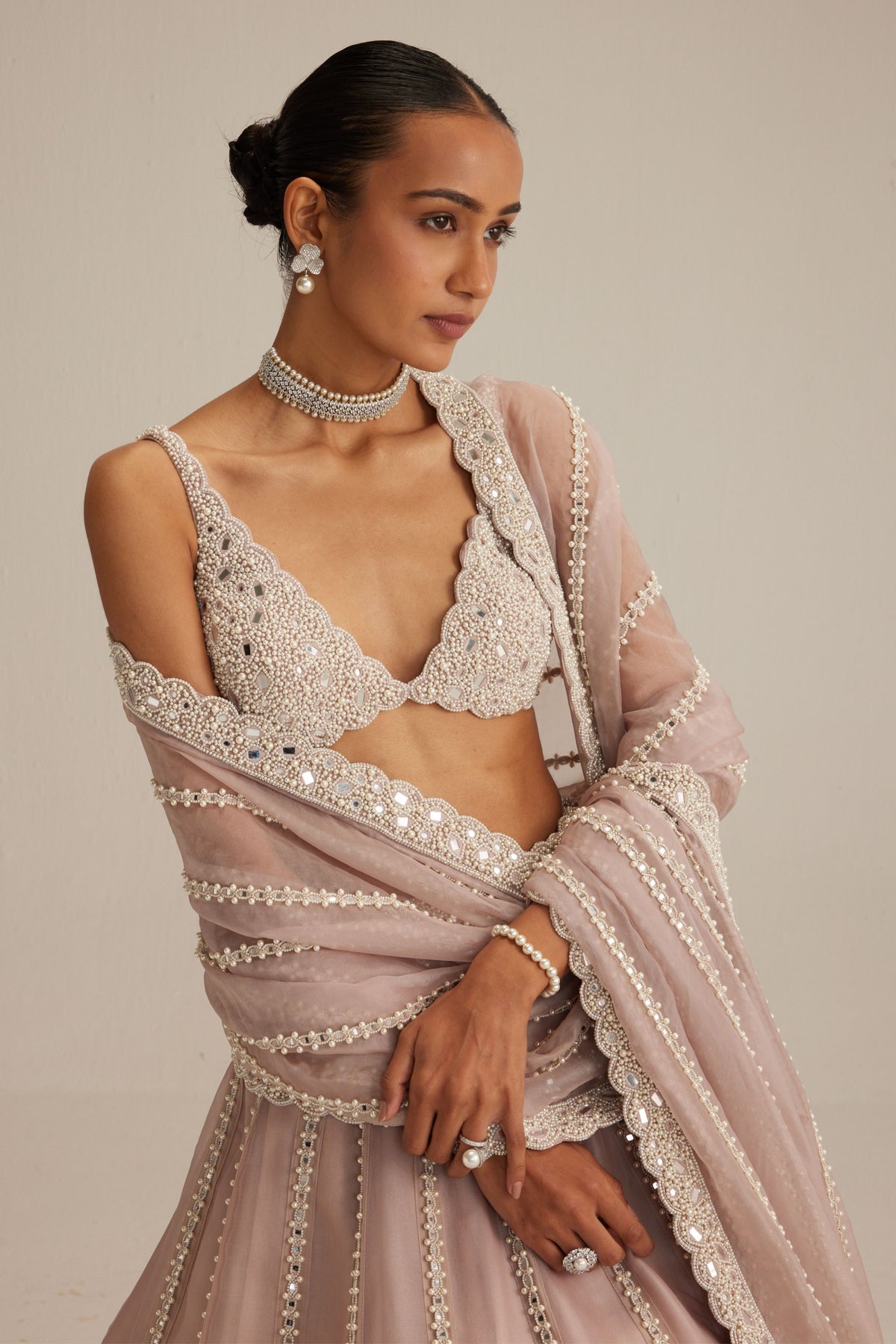 Ash Pink Pearl Mirror Lehenga