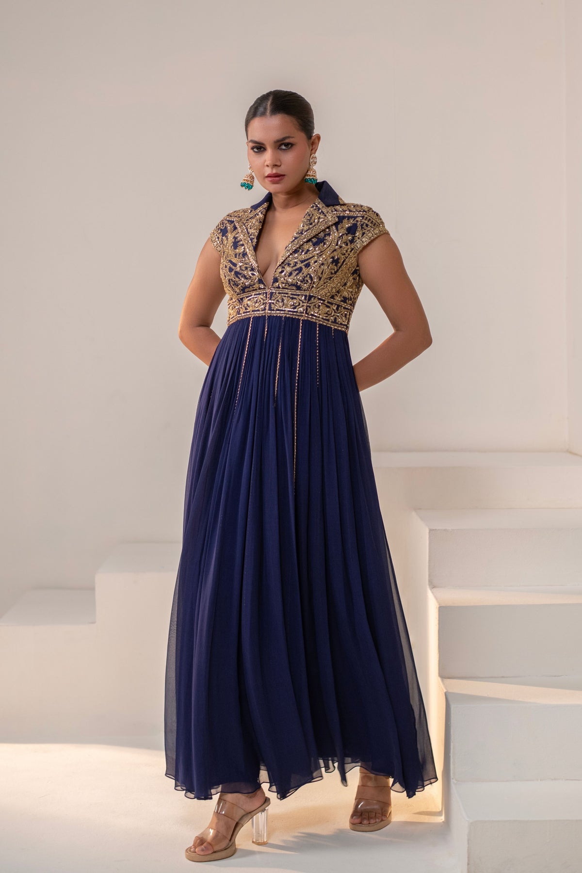 Navy Blue Lapel-Collared Anarkali