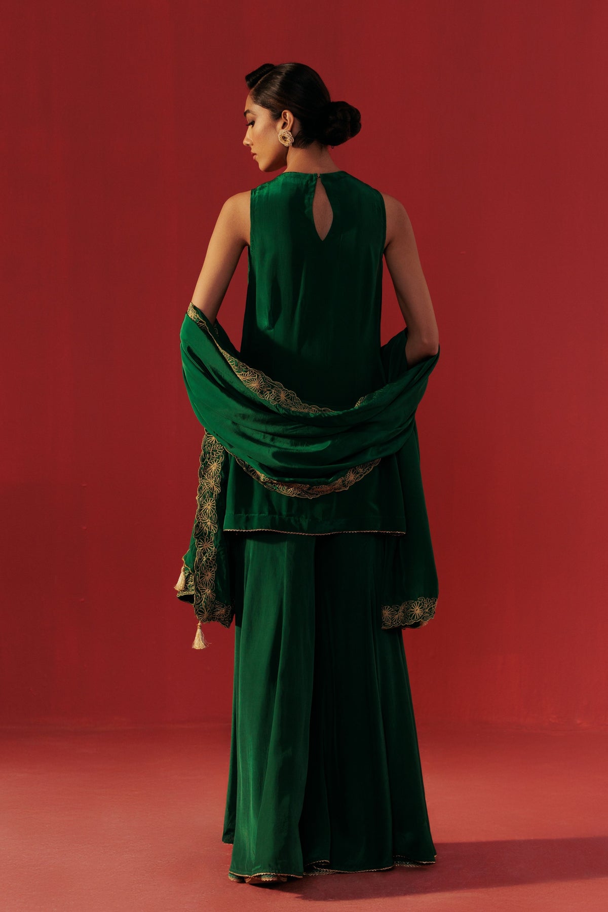 Satin Crepe Green Sharara Set