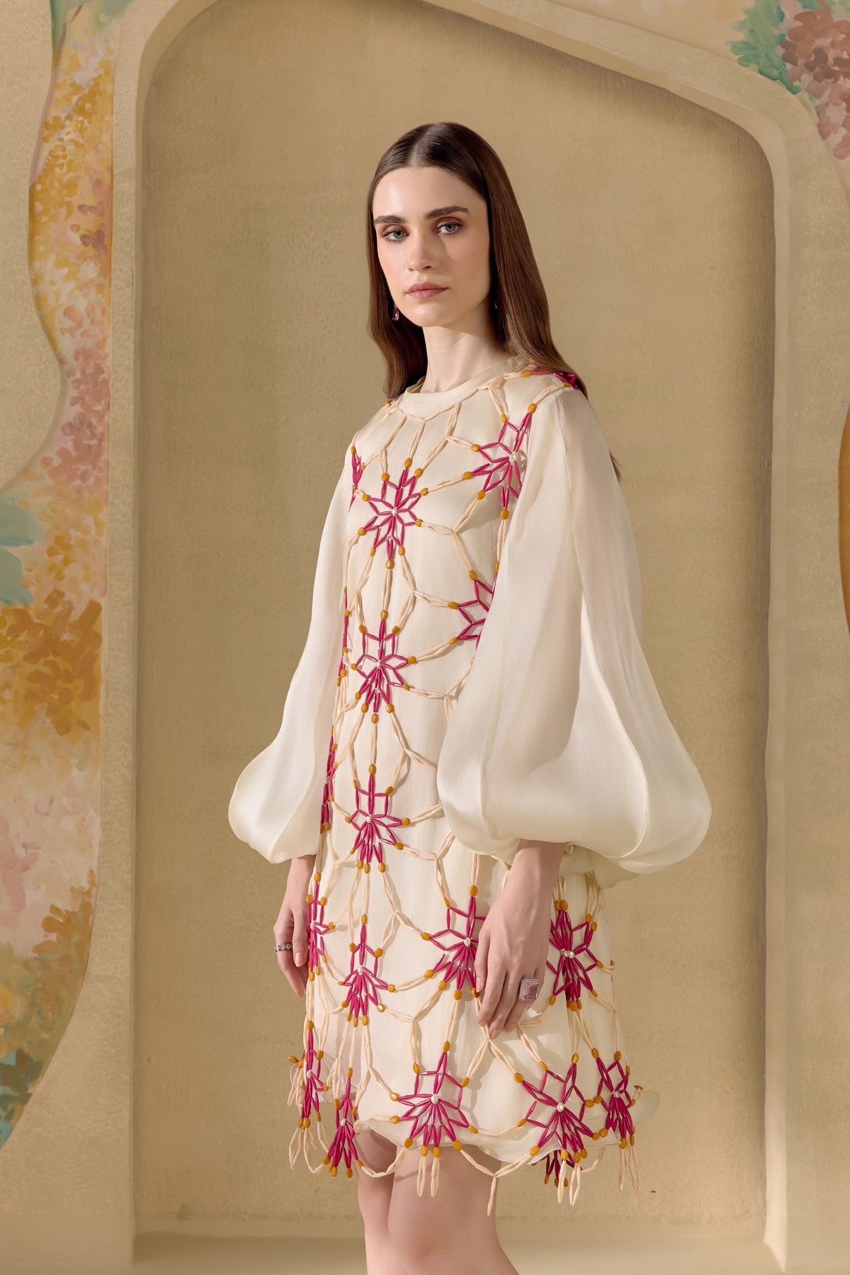 Ivory Mosaic Mesh Layered Dress
