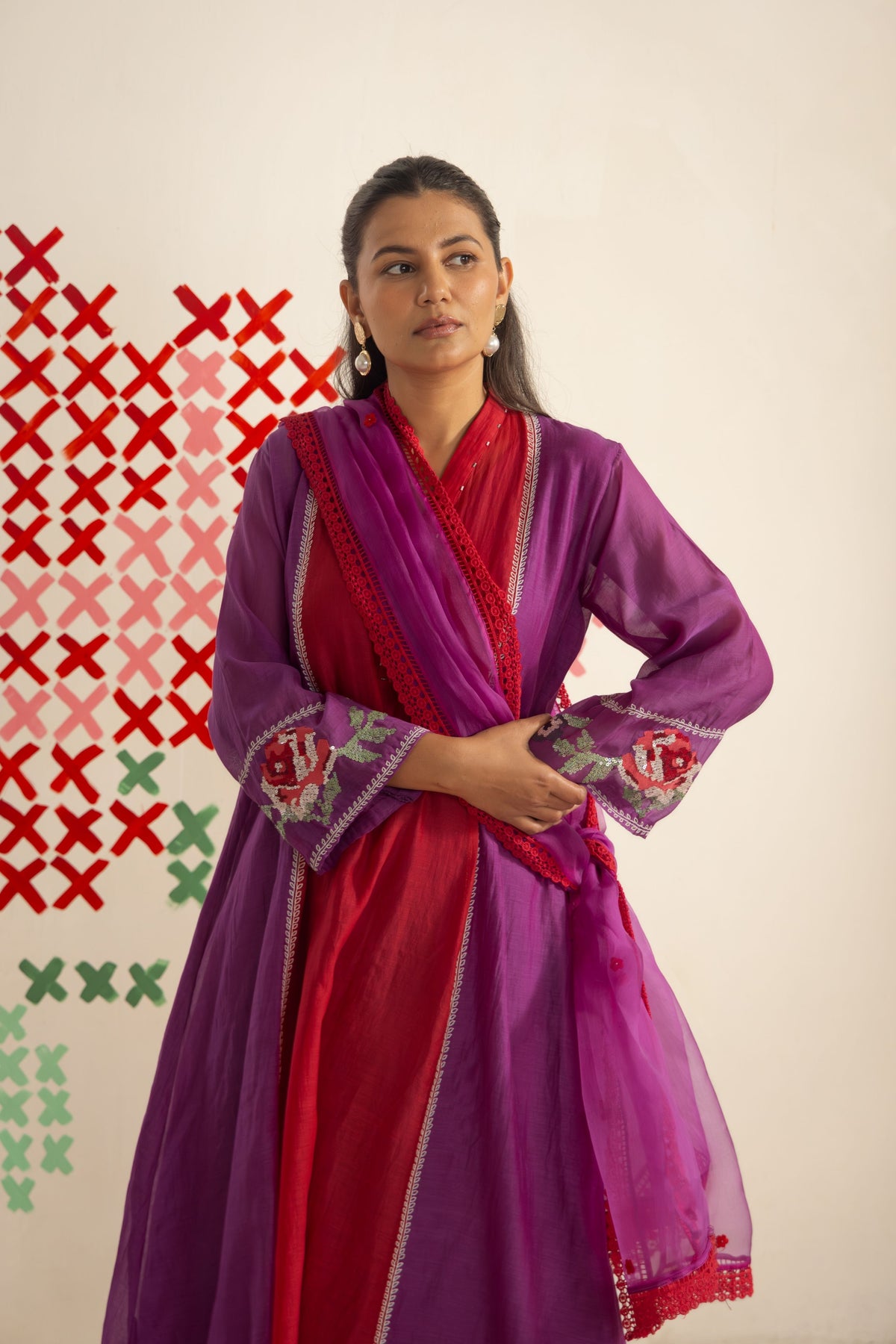 Red Purple Petal Kurta Set
