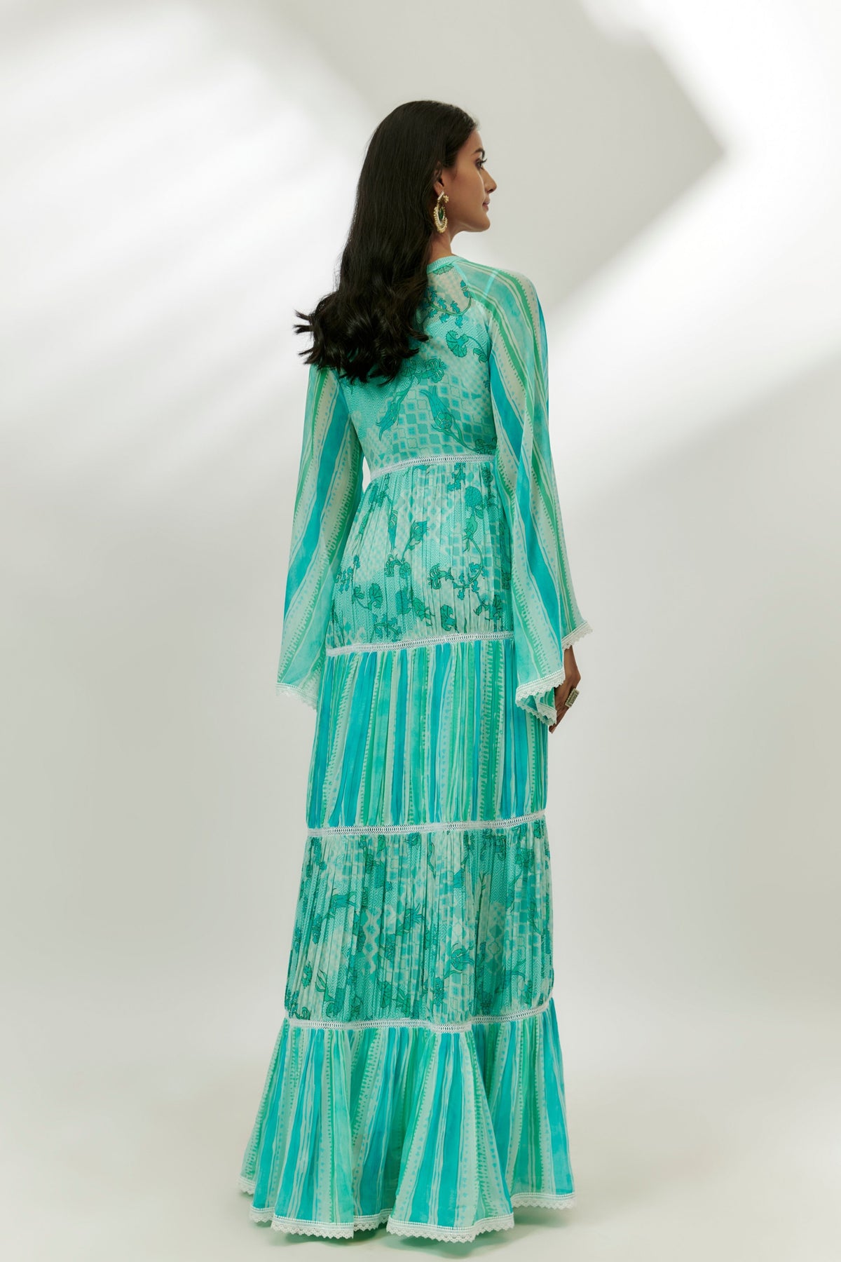 Cyan Blue Printed Tiered Dress