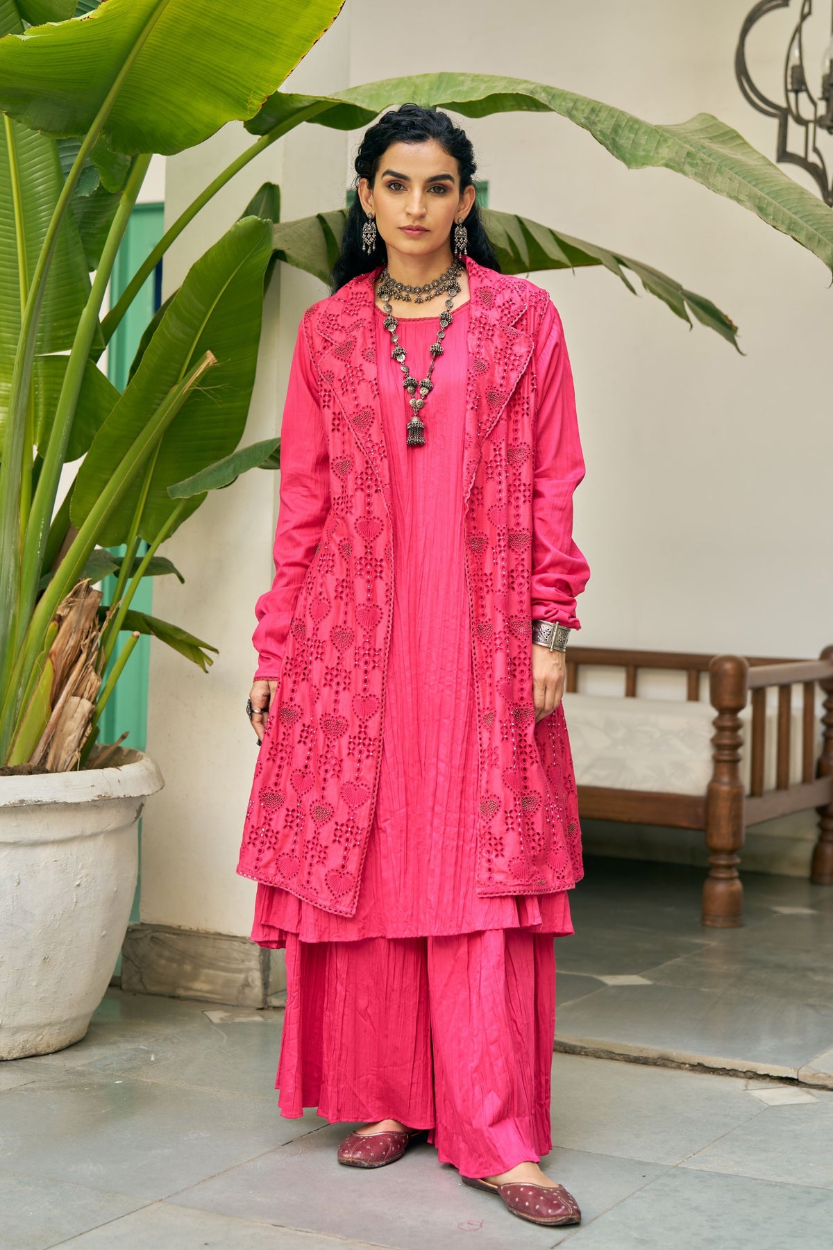 Fuschia Heart Cutwork Jacket Set