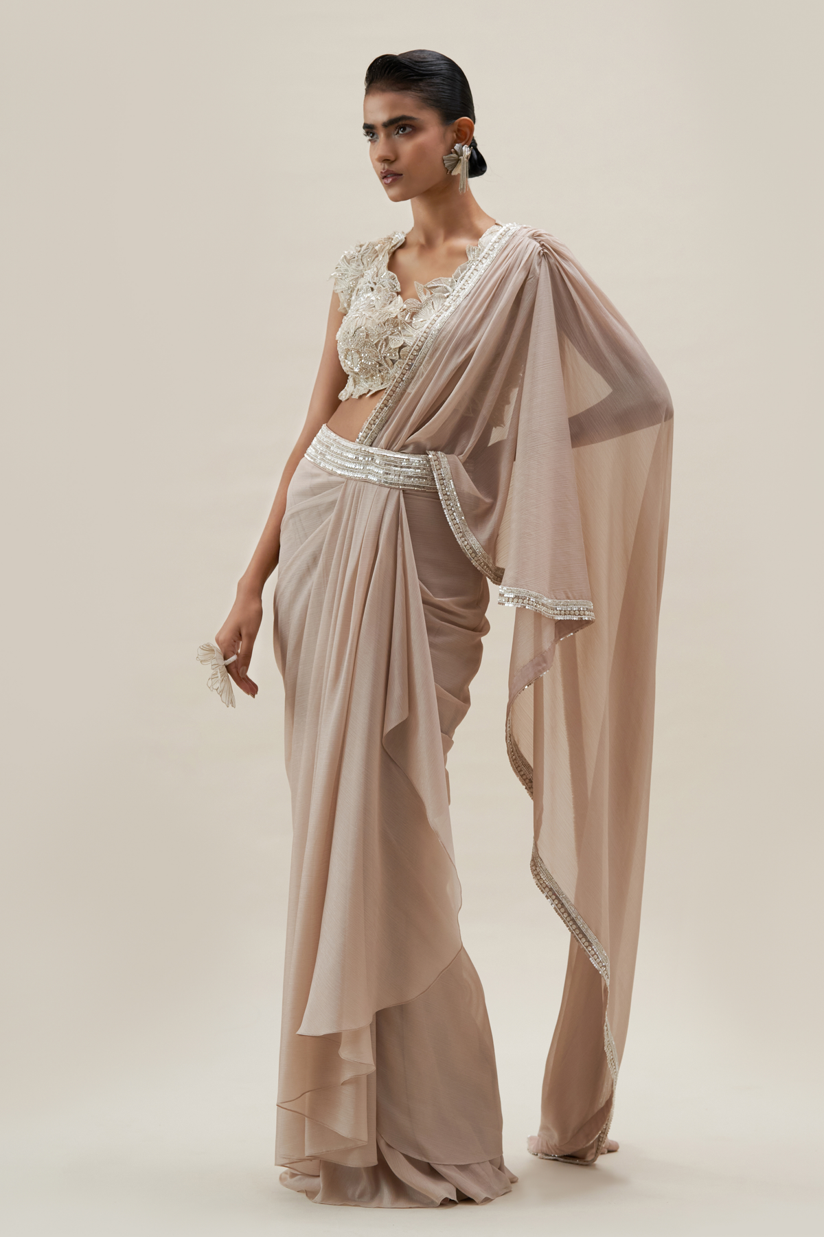 Beige Hibiscus Bloom Draped Saree Set