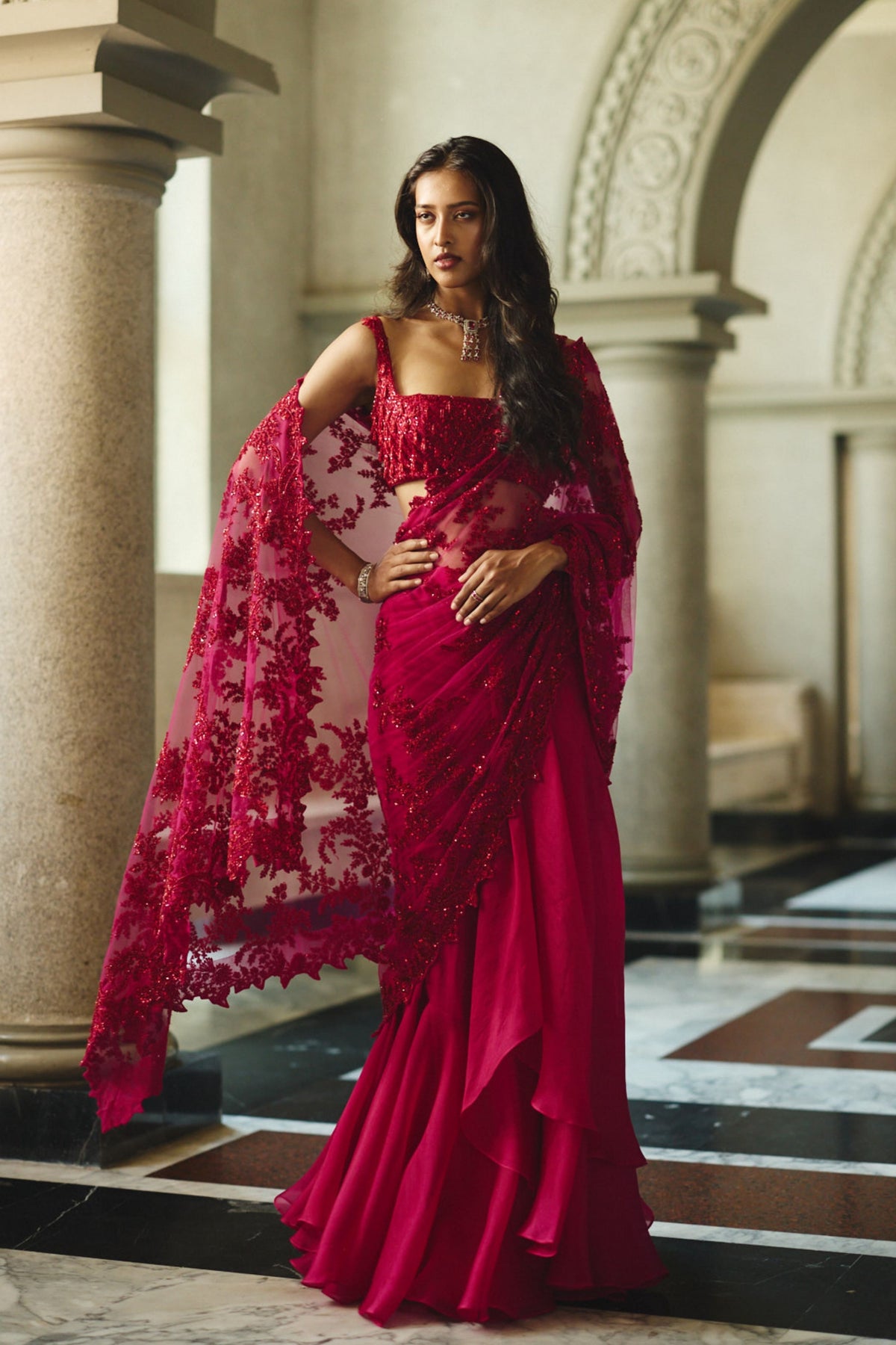 Red Athena Draped Saree Set