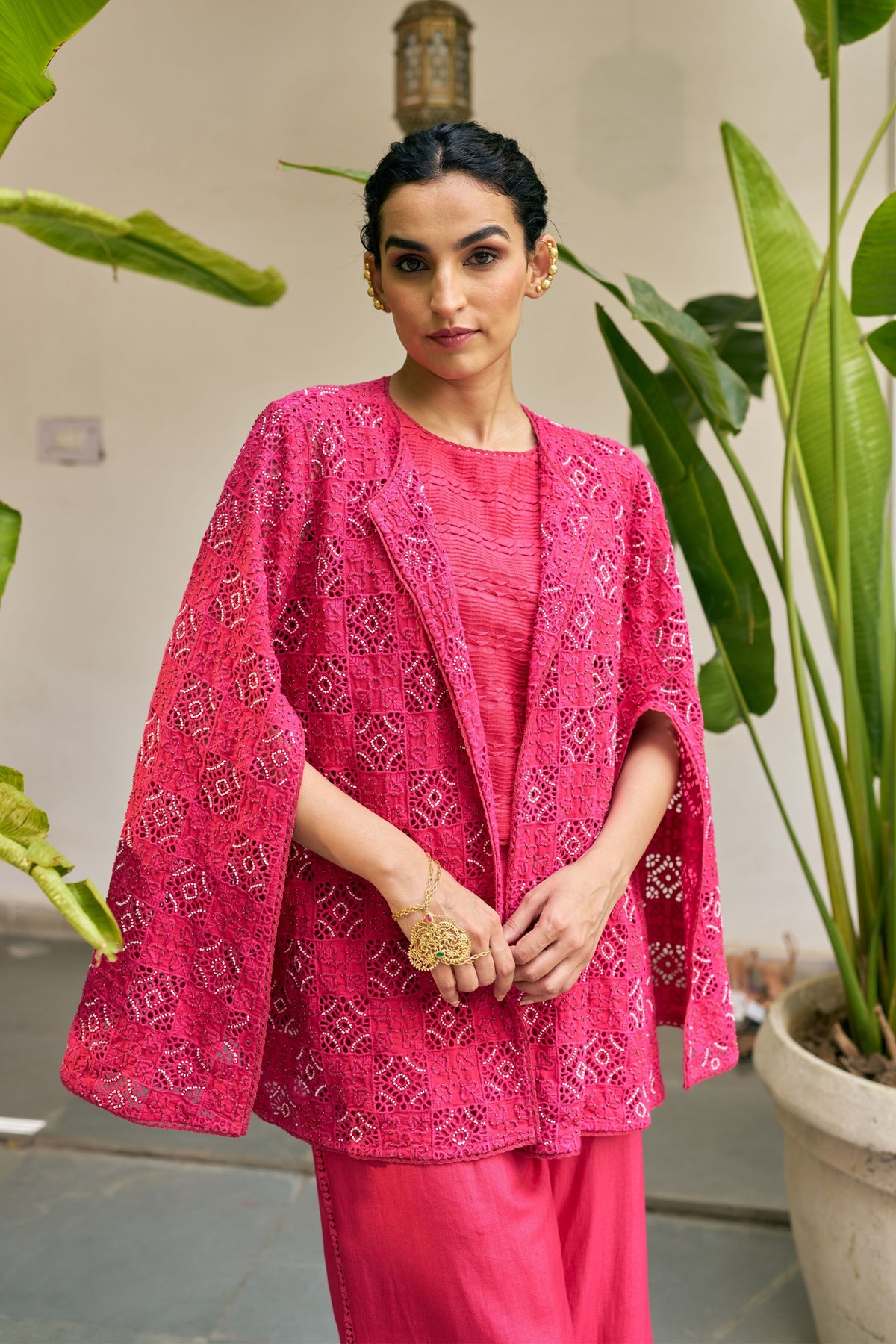 Fuschia Embroidered Cape Set