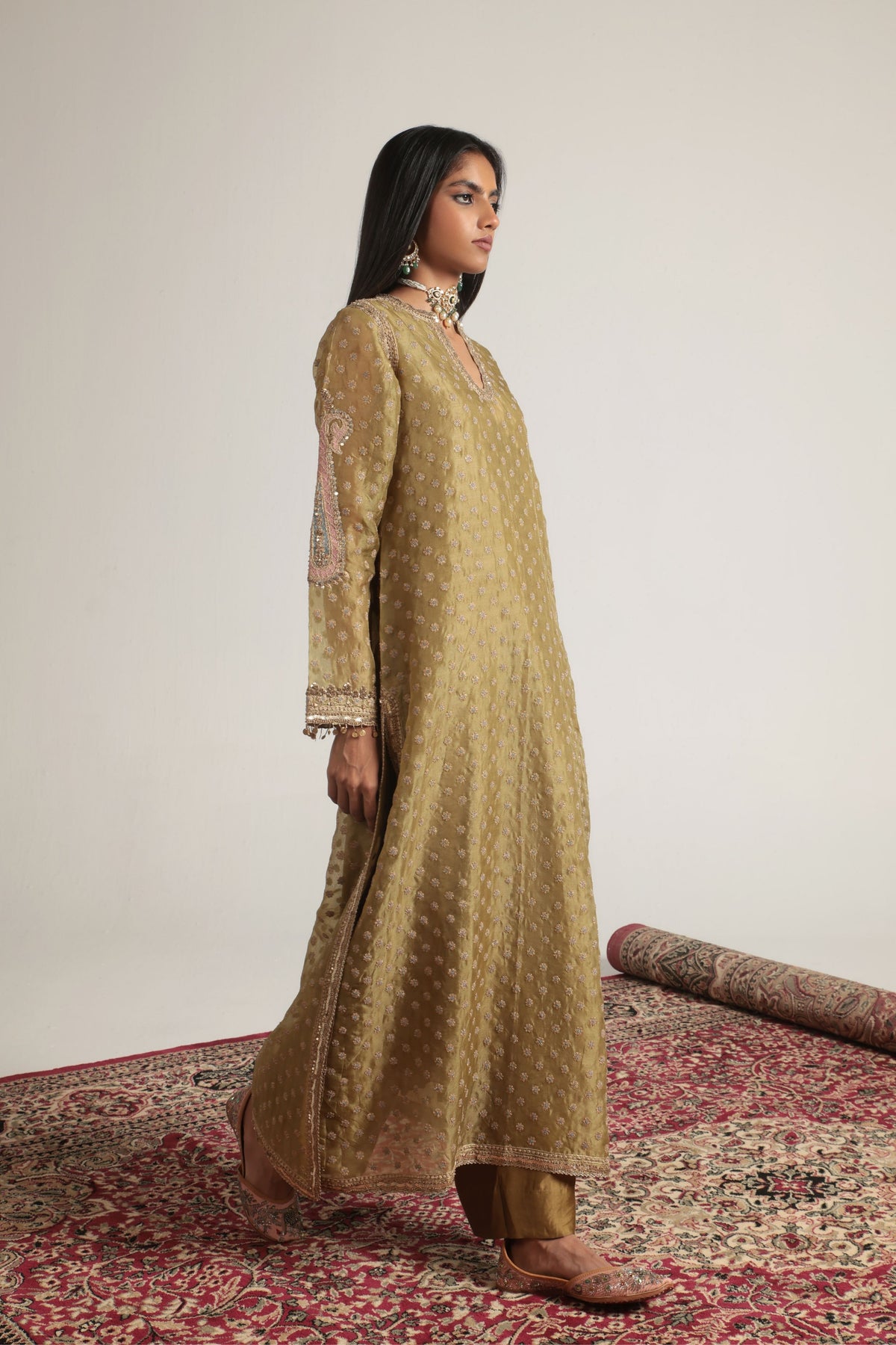 Olive Green Buti Kurta Set