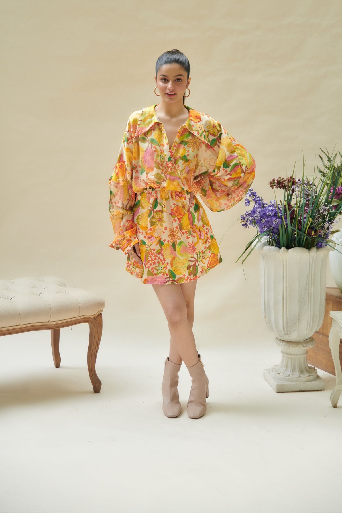 Yellow Printed Drop Shoulder Mini Dress