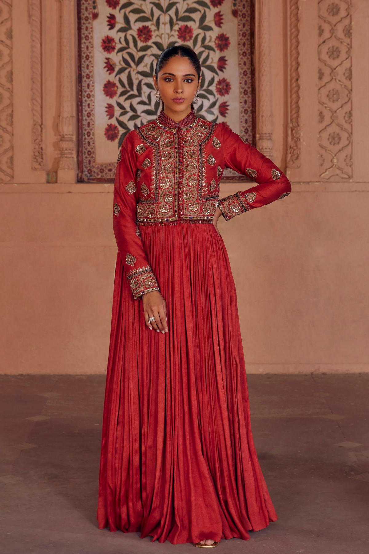 Madhavi brick Red Anarkali With Mughal Embroidery