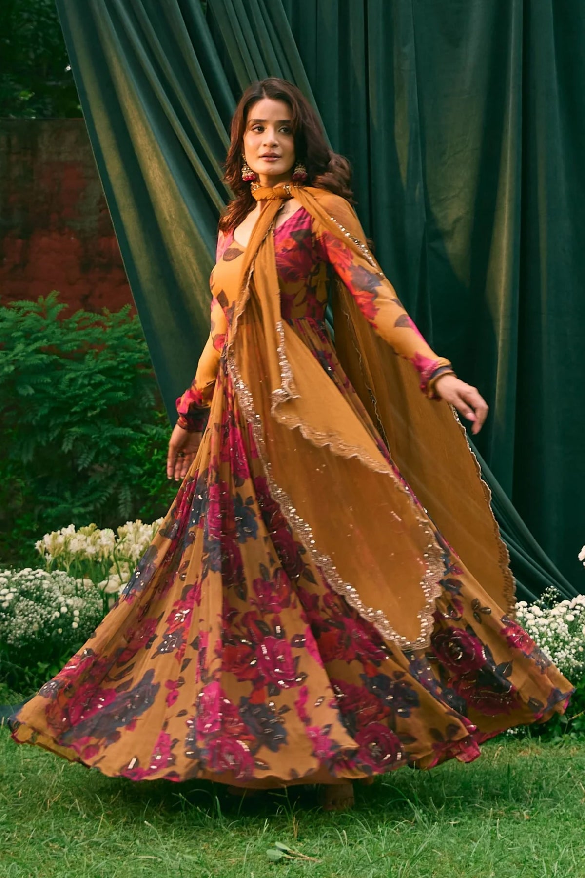 Mustard Floral Anarkali Set