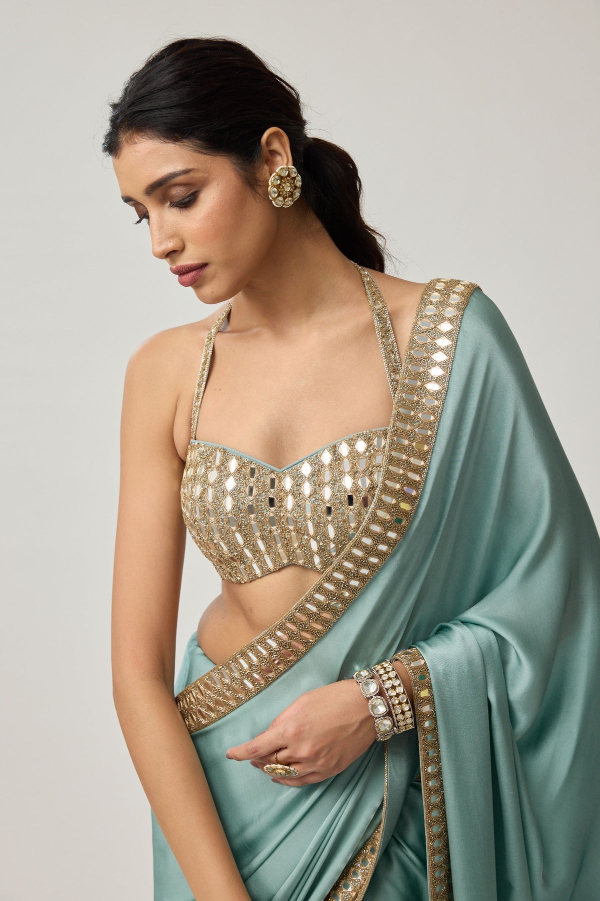 Powder Blue Mirror Saree Set