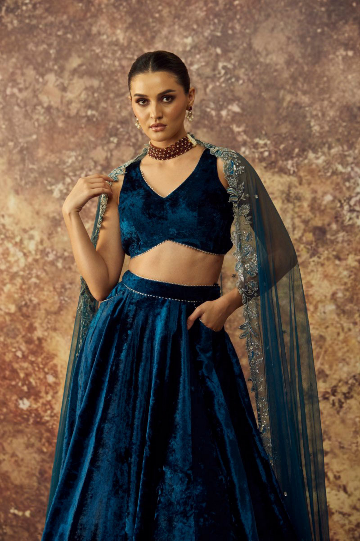 Solid Navy Blue Velvet Lehenga Set